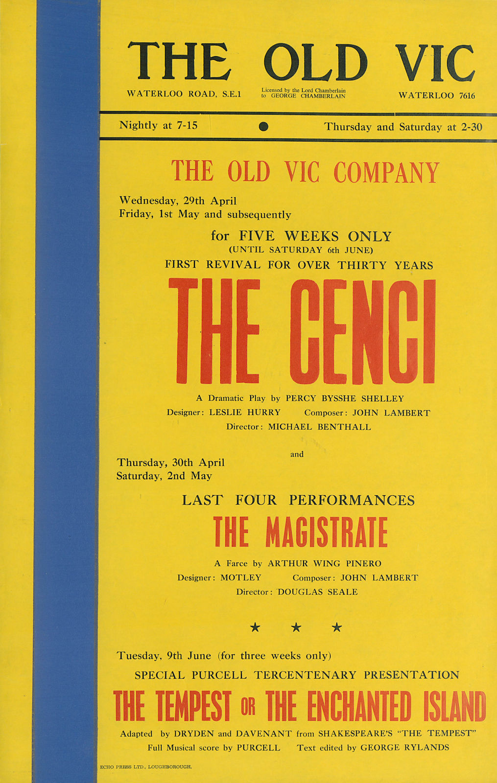 The Old Vic Theatre. Cenci. Shelley. Magistrate. Pinero. Tempest. Dryden 1959