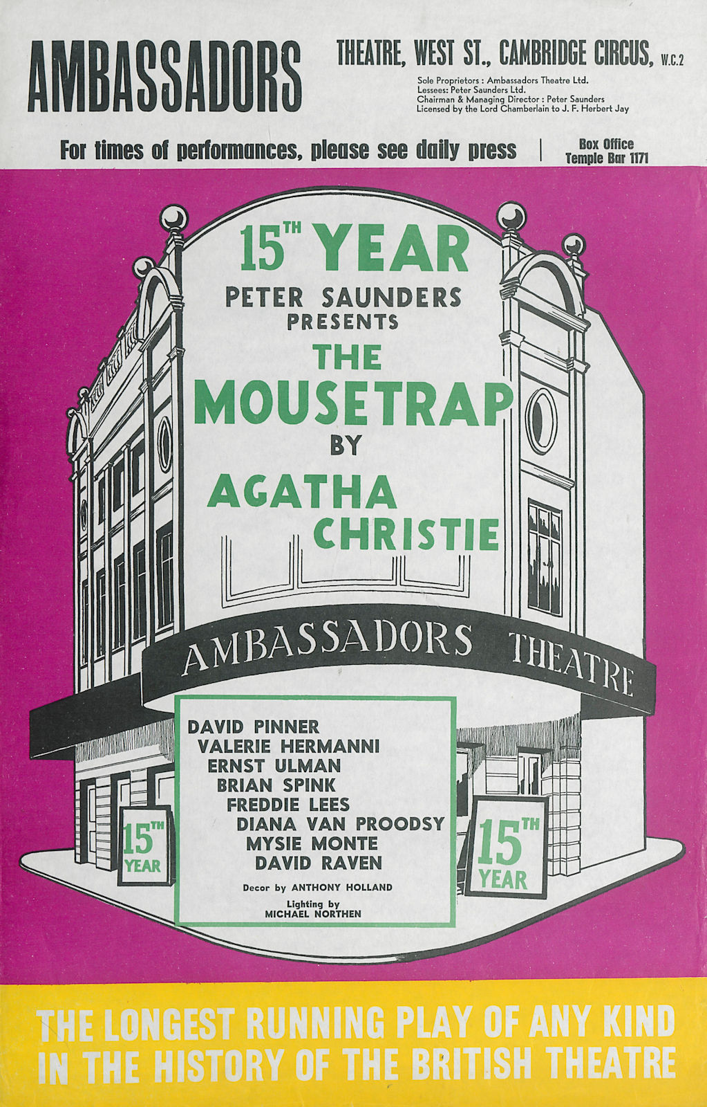 Ambassadors Theatre. The Mousetrap. Agatha Christie. David Pinner Saunders  1966
