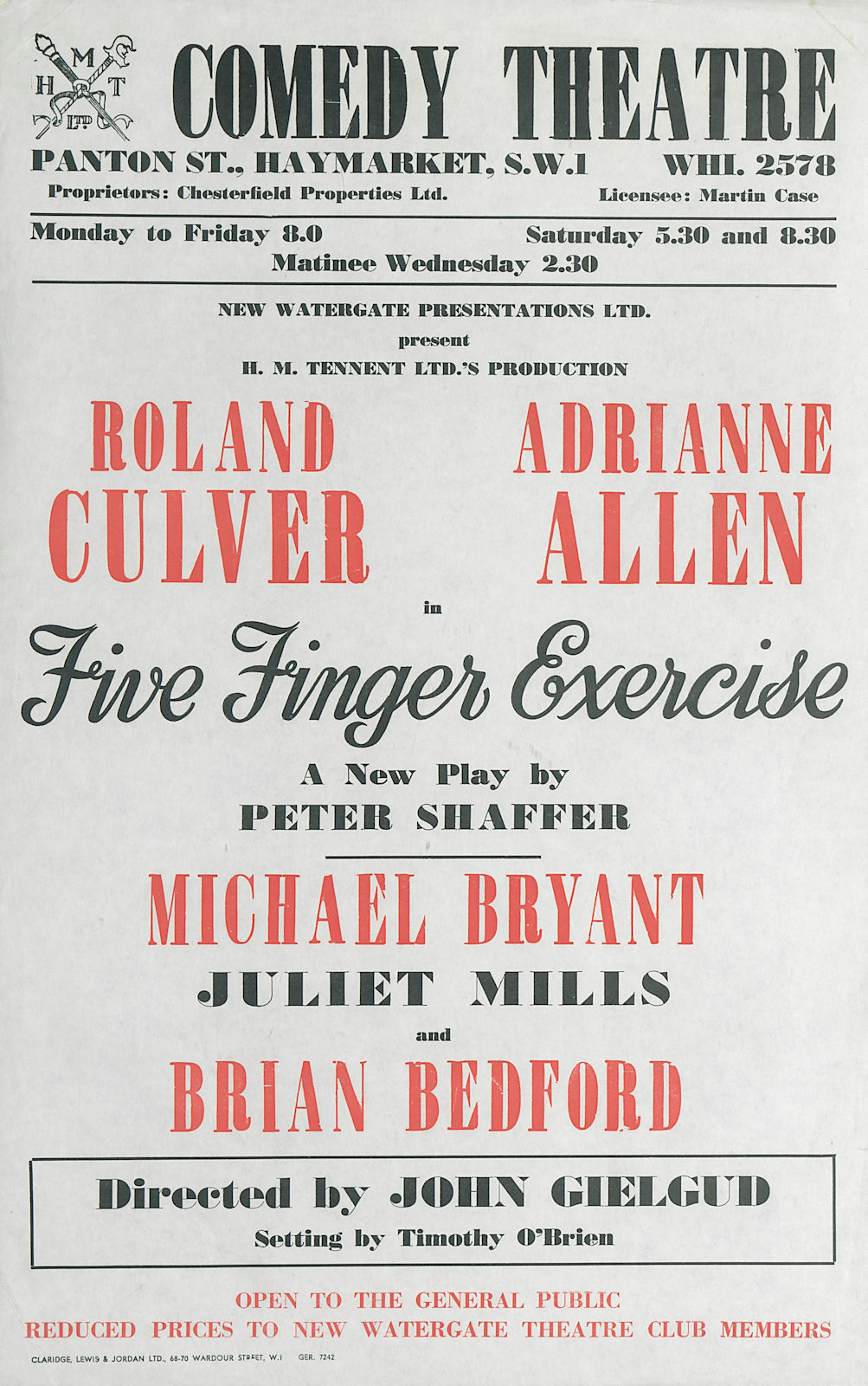Comedy Theatre. Five Finger Exercise. John Gielgud. Shaffer. Ronald Culver 1958