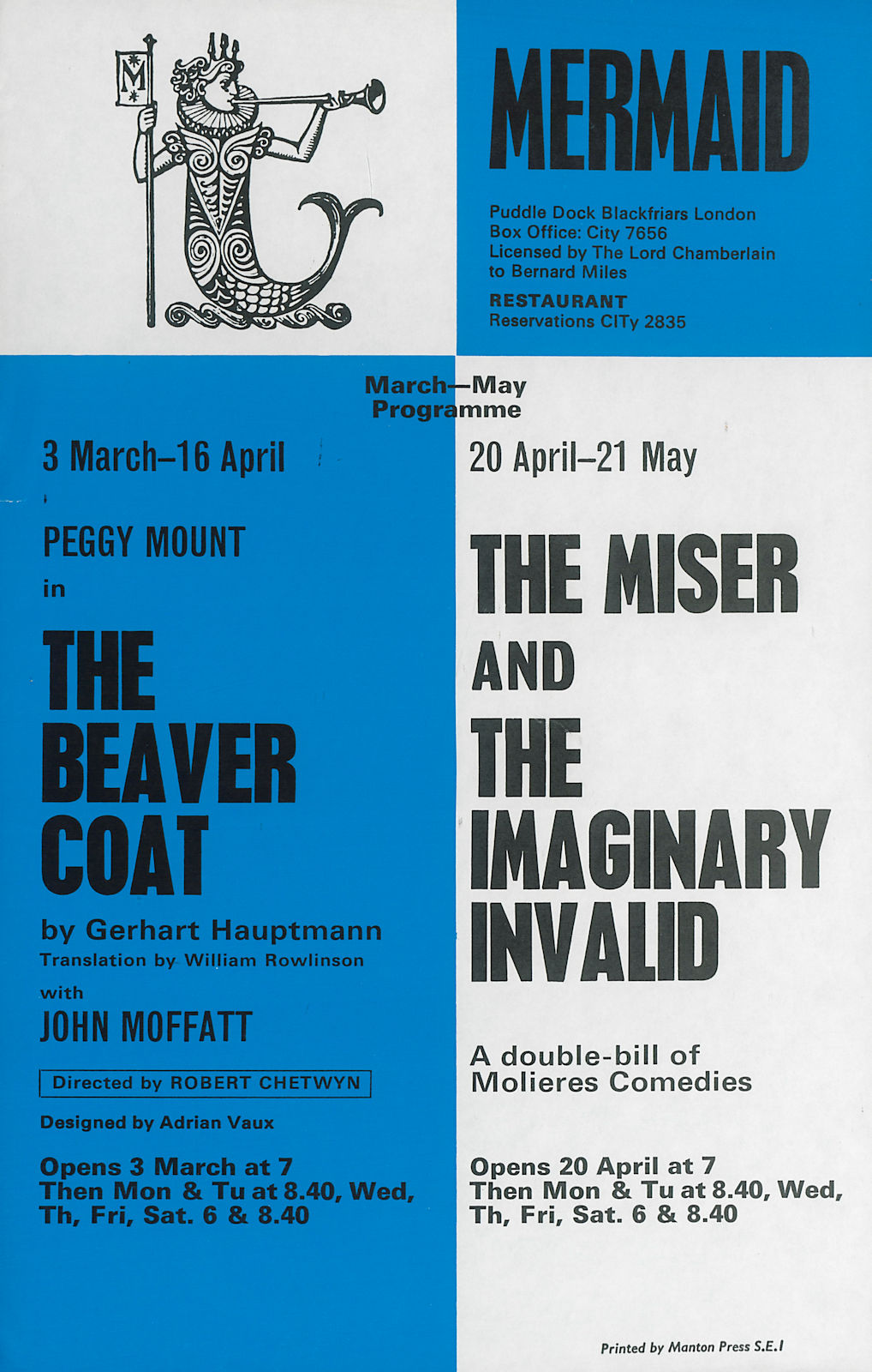 Mermaid Theatre. Beaver Coat. Hauptmann. Miser/Imaginary Invalid. Molière 1966