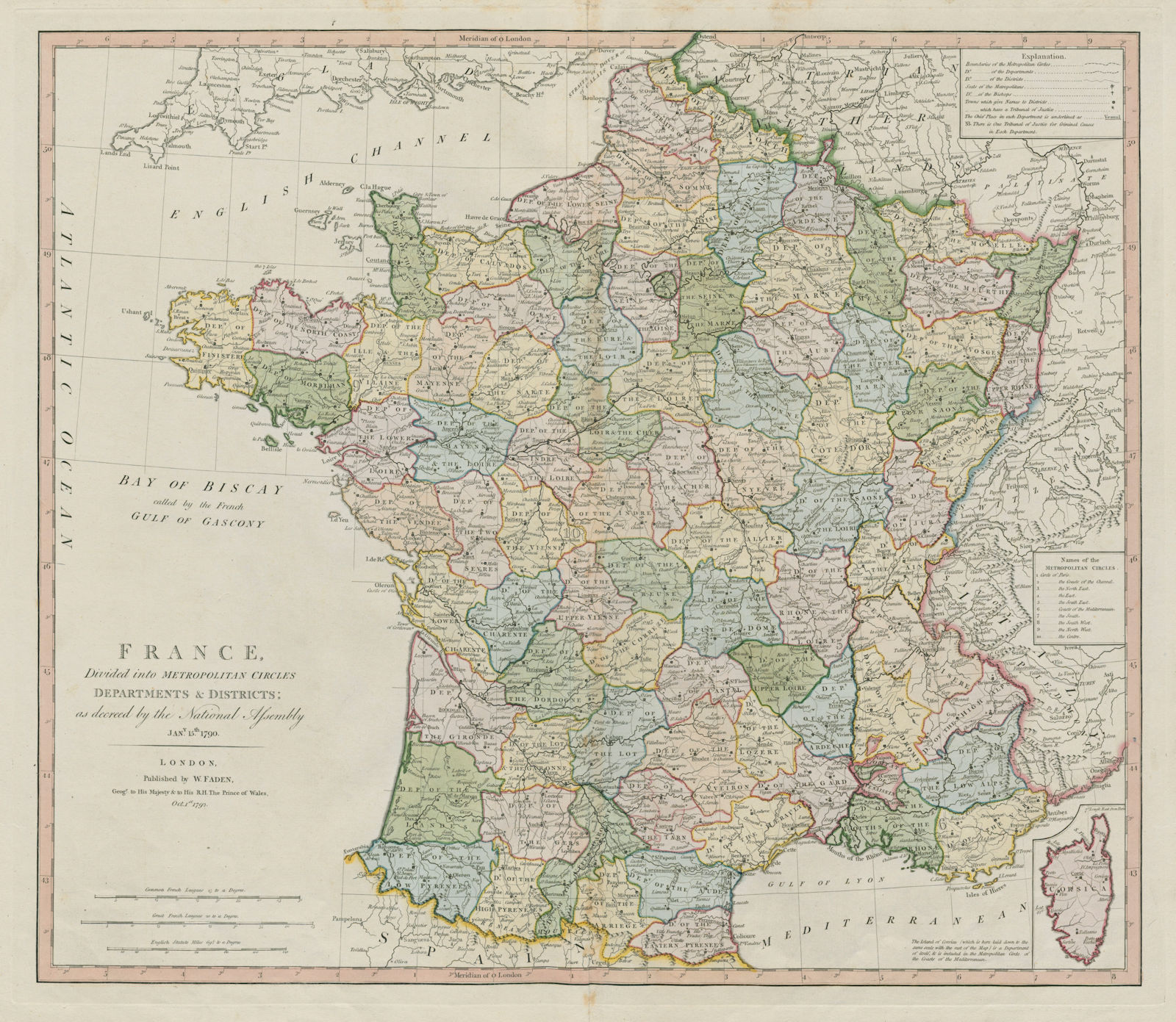 France divided into Metropolitan Circles, Departments & Districts FADEN 1792 map