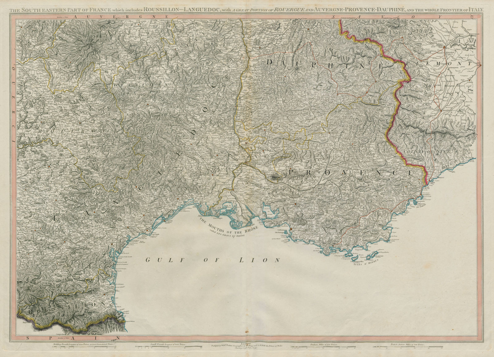 Associate Product The south eastern part of France which includes Roussillon… FADEN 1799 old map