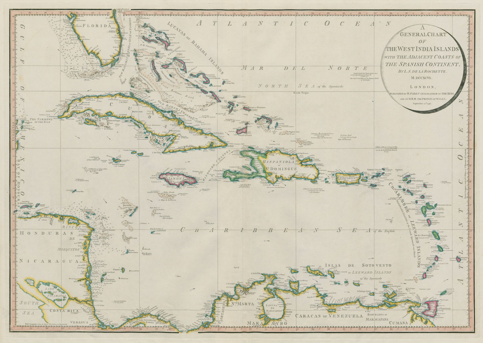 A general chart of the West India Islands… DELAROCHETTE/FADEN Caribbean 1796 map
