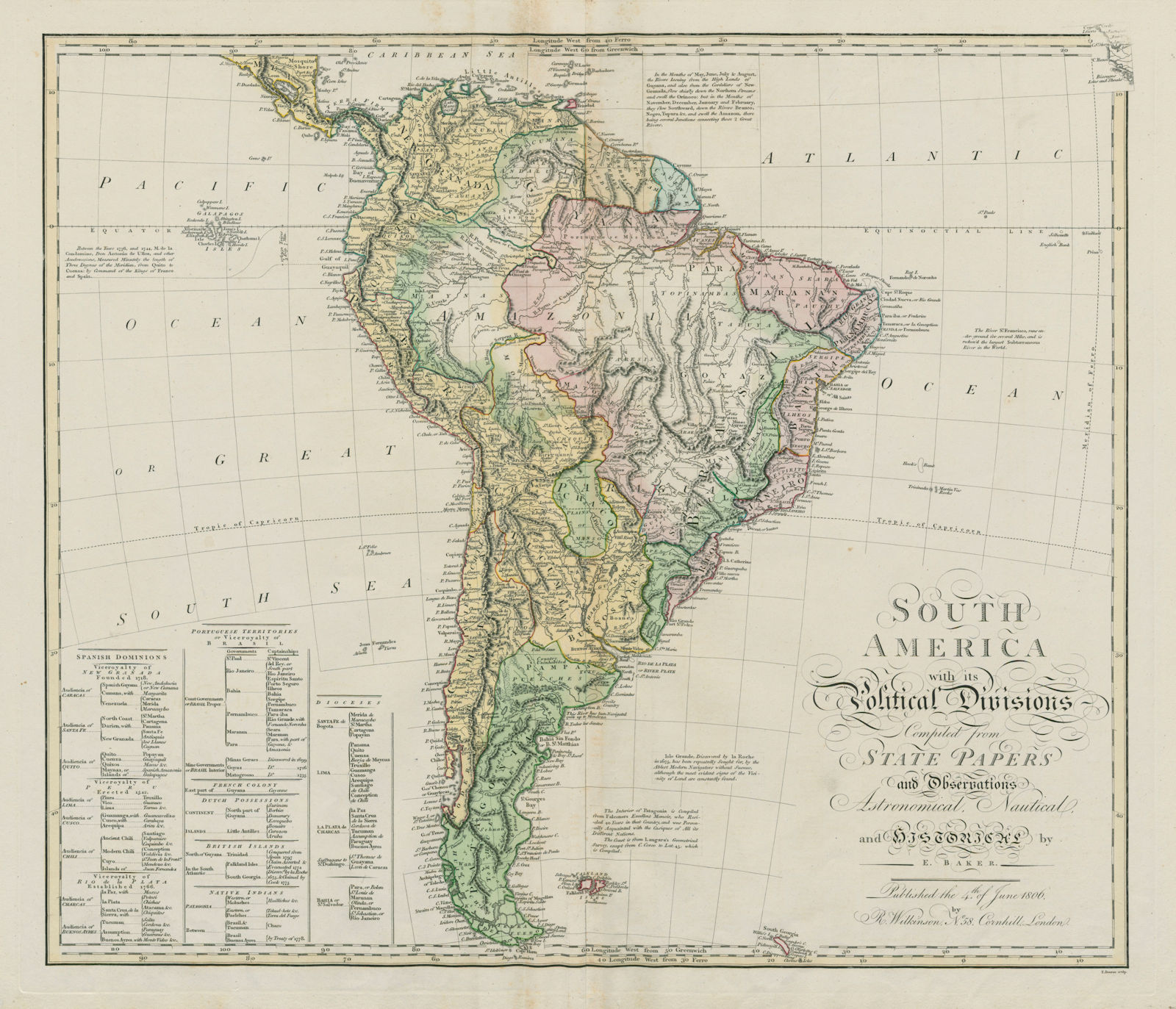 South America with its Political Divisions. BAKER / BOURNE 1806 old map