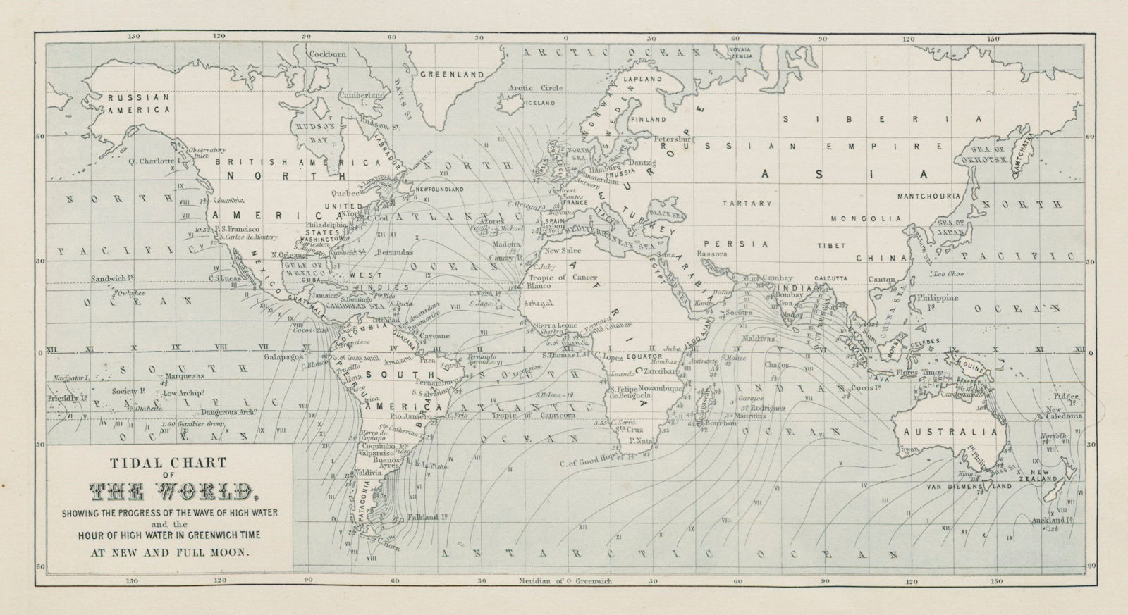 World Tidal Chart. High Water wave & time at New & Full Moon GMT. Tides 1856 map