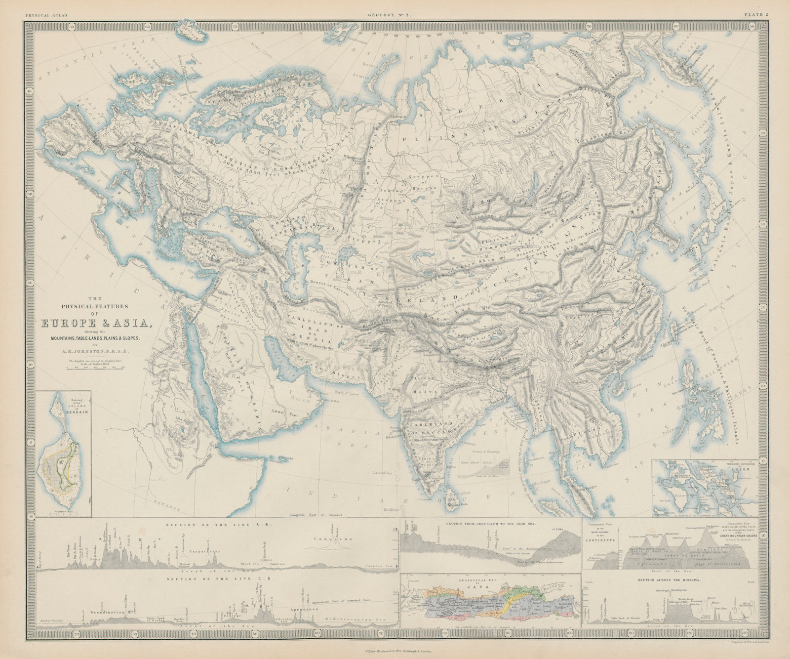 Associate Product The Physical Features of Europe and Asia. Mountains. Rivers. Sections 1856 map