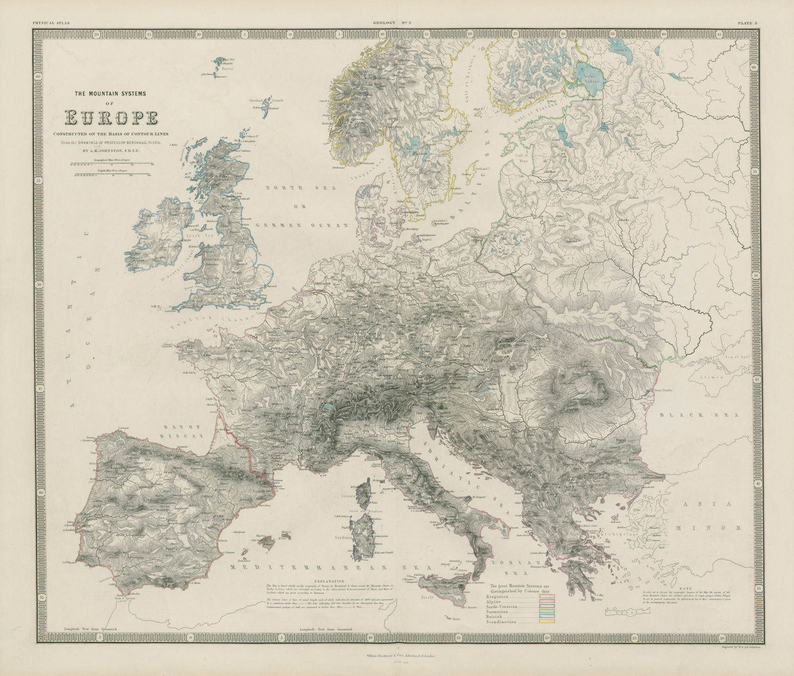 The Mountain Systems of Europe. JOHNSTON 1856 old antique map plan chart