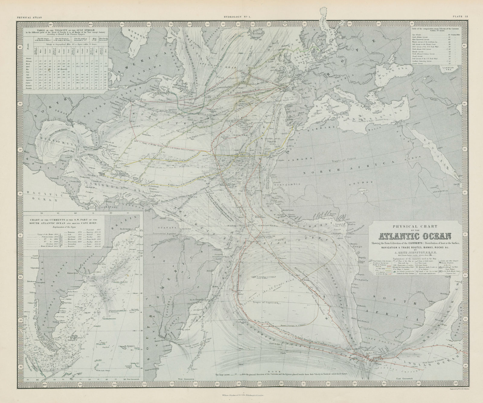 Associate Product Atlantic Ocean Physical Chart. Currents. Important voyages Trade routes 1856 map