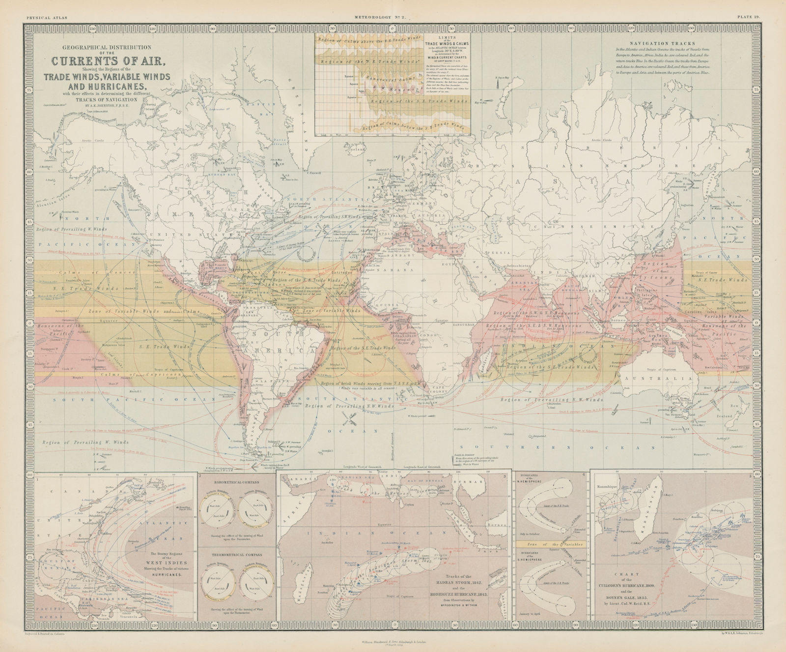 Air currents geographical distribution. Trade winds & Hurricanes 1856 old map