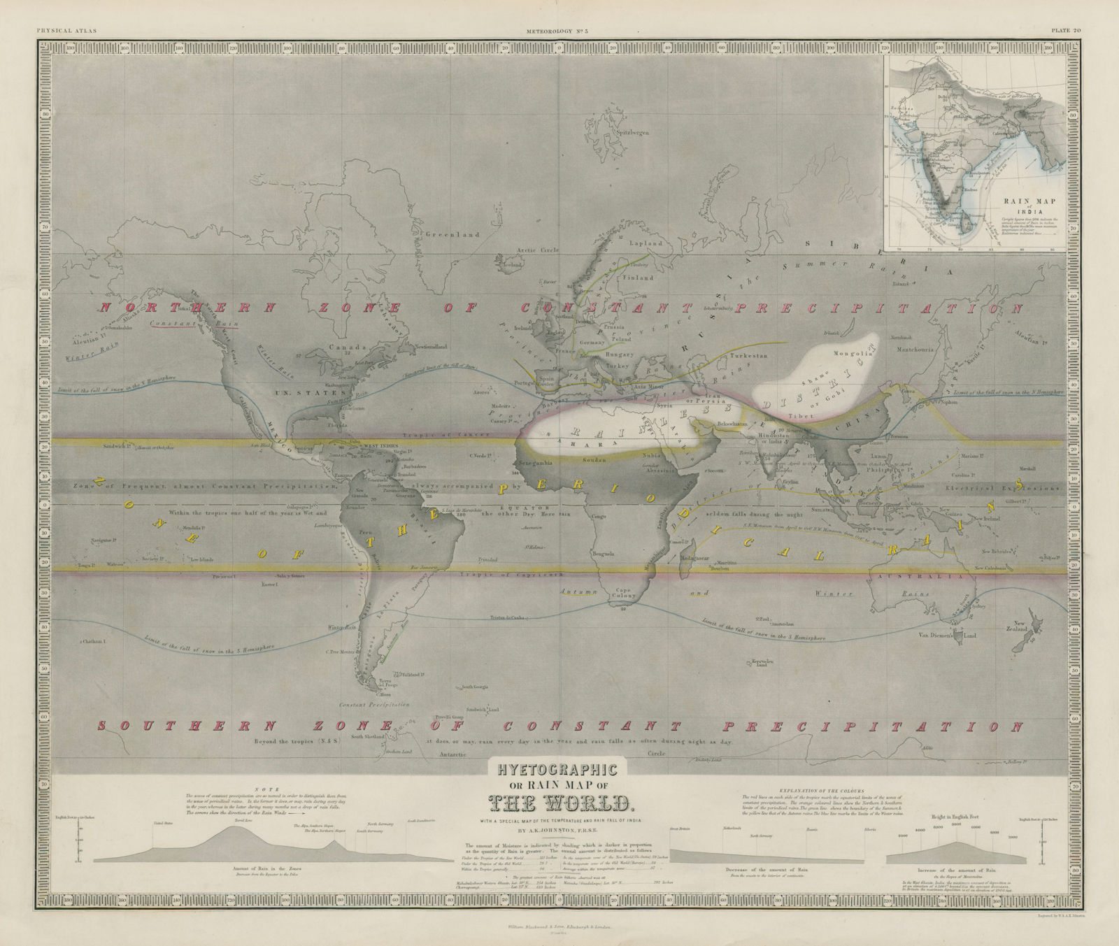 Associate Product Hyetographic or rain map of the world. Monsoon zones. JOHNSTON 1856 old