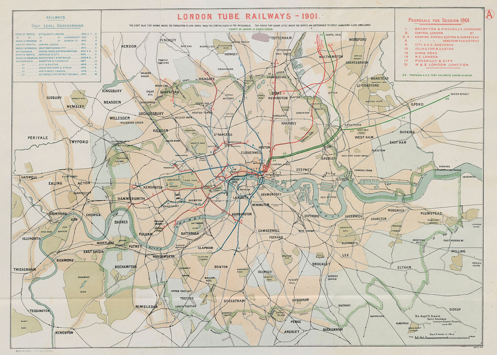 London Tube Railways. 11 proposed new/extended Underground lines HMSO 1901 map