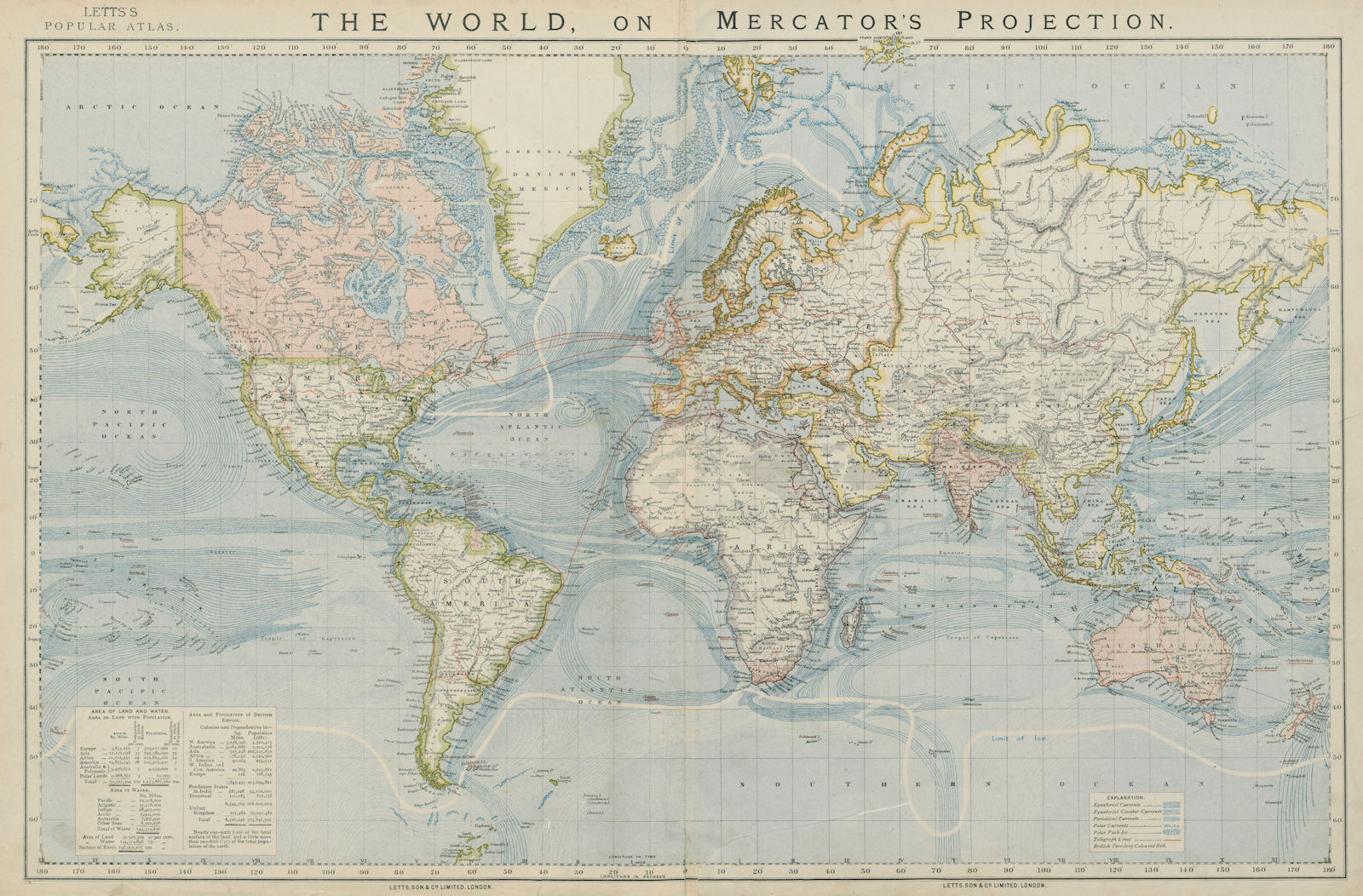 WORLD ON MERCATOR'S PROJECTION. British Empire. Telegraph cables. LETTS 1884 map