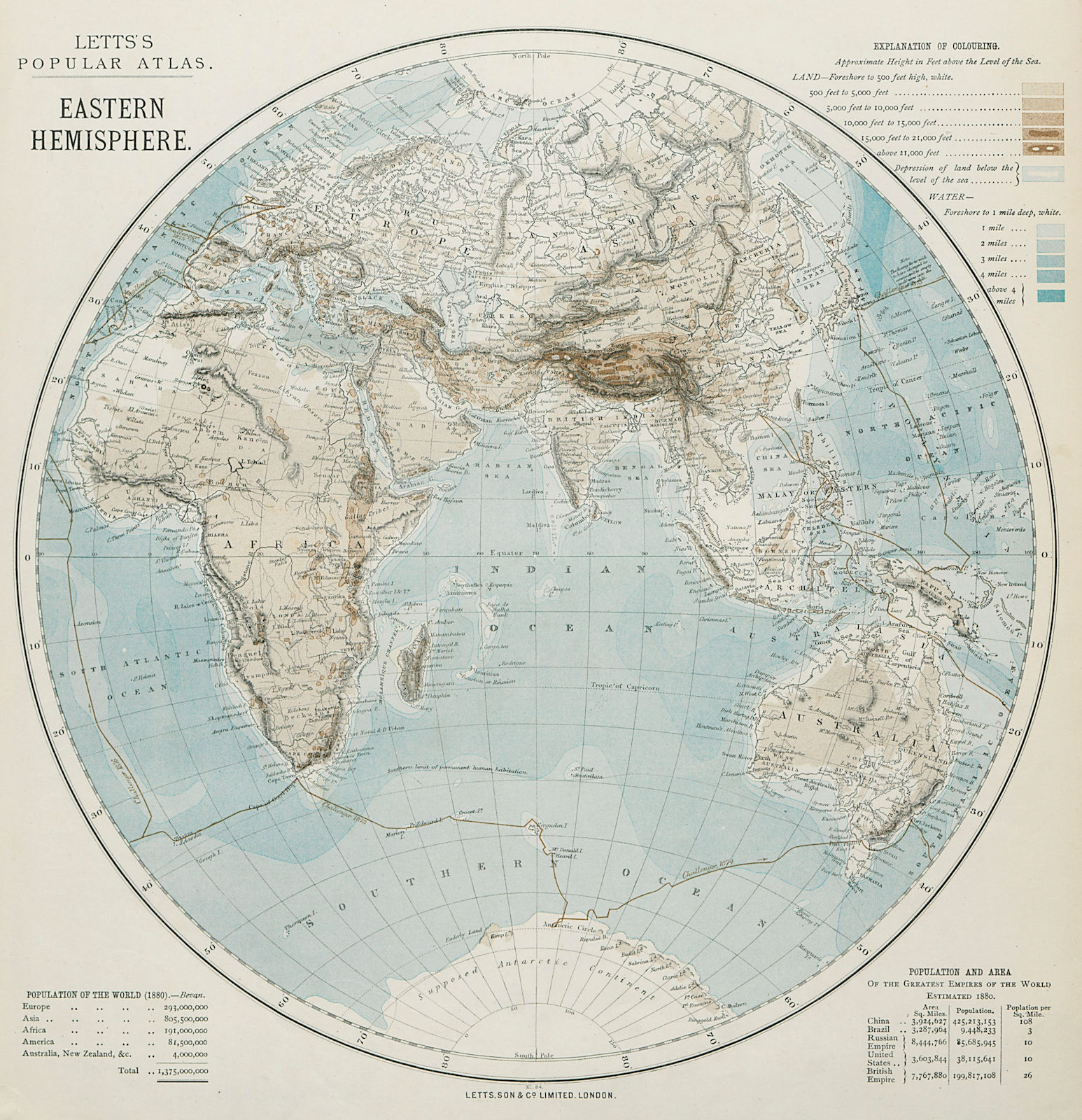 EASTERN HEMISPHERE relief. Europe Africa Asia Australia. LETTS 1884 old map