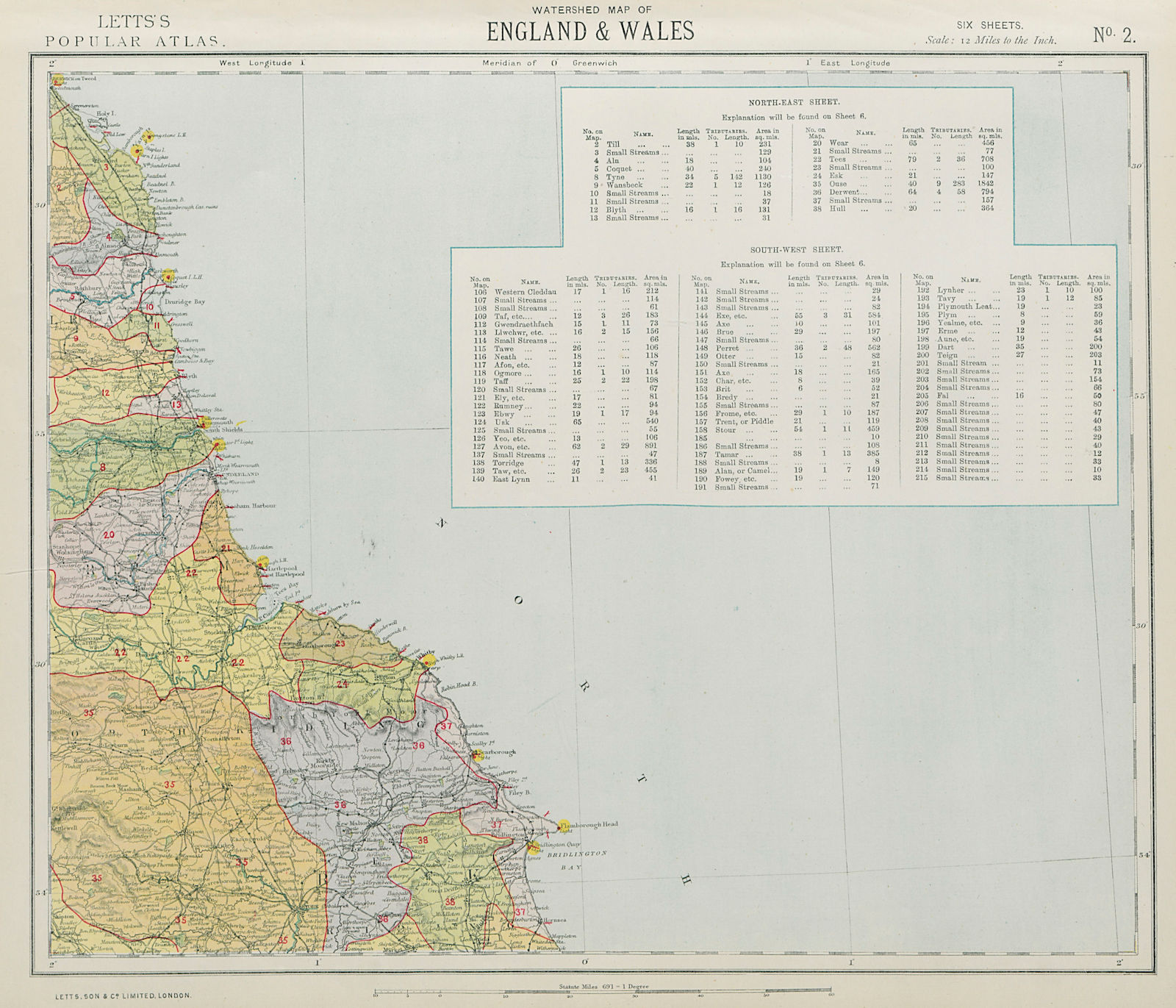 NORTH YORKSHIRE, DURHAM & NORTHUMBERLAND COAST WATERSHEDS. LETTS 1884 old map