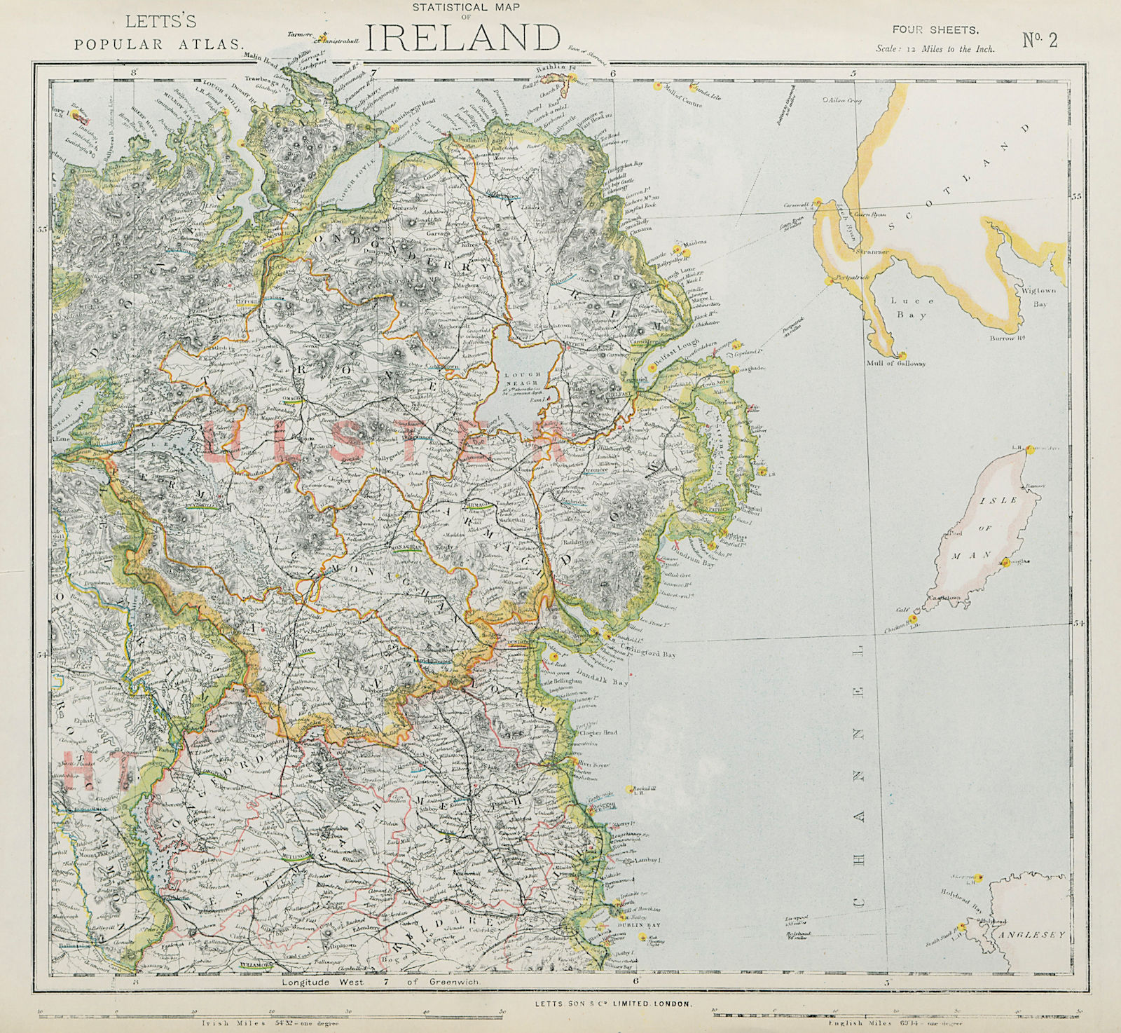 NE NORTHERN IRELAND. Lighthouses. Lifeboat stations. Ulster. LETTS 1884 map