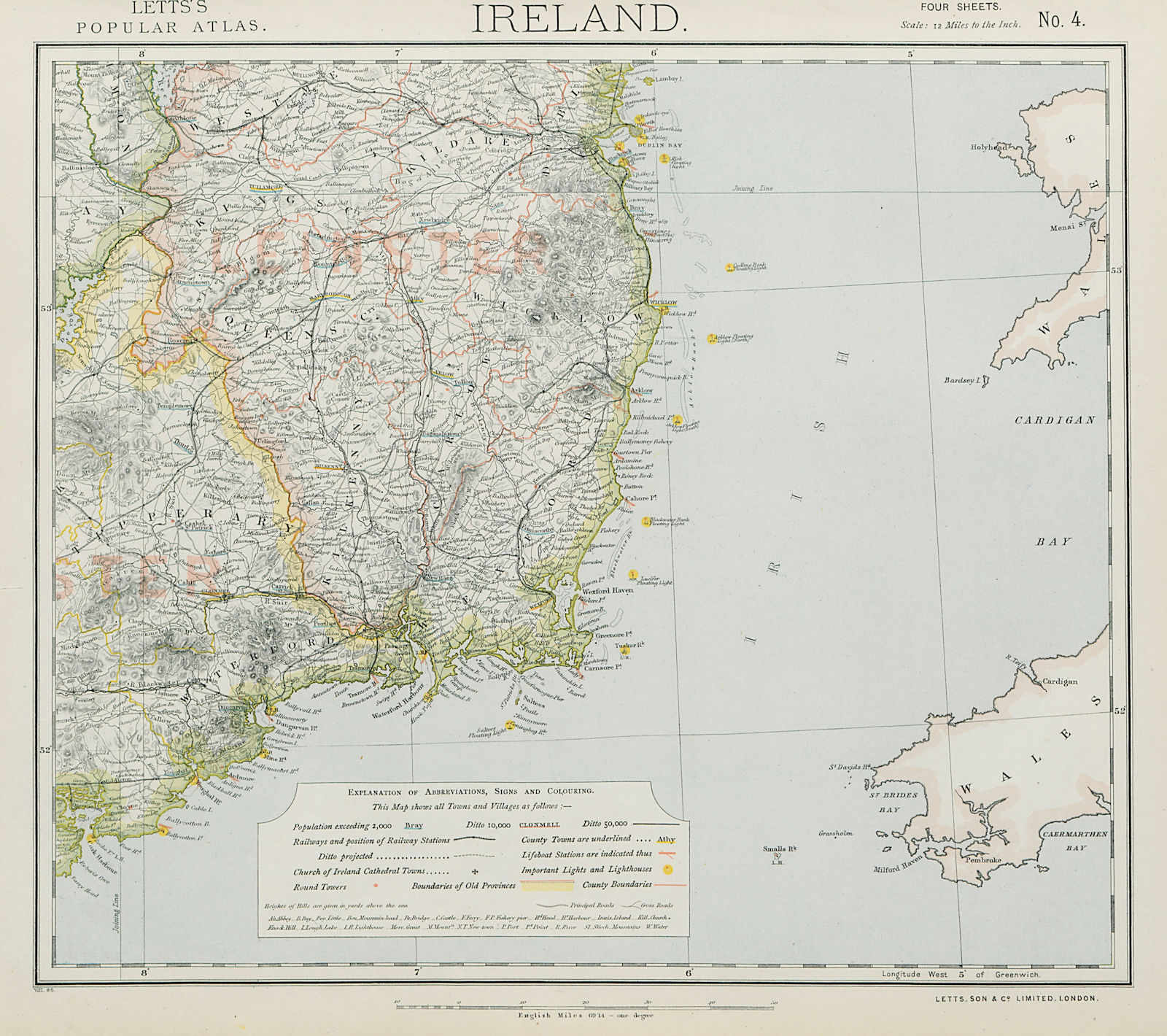 Associate Product SE IRELAND LEINSTER. Lighthouses Lifeboat stations Round towers. LETTS 1884 map
