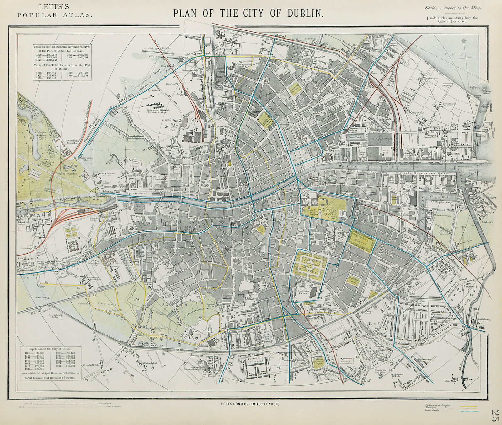 DUBLIN antique town city map plan. Railways tram routes stations. LETTS 1884