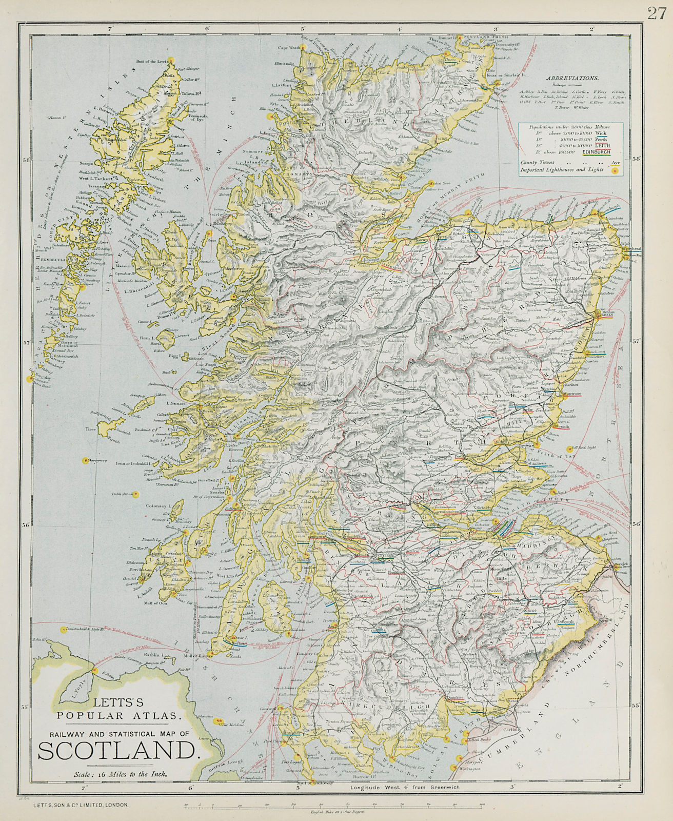 SCOTLAND. General map showing counties railways lighthouses. LETTS 1884