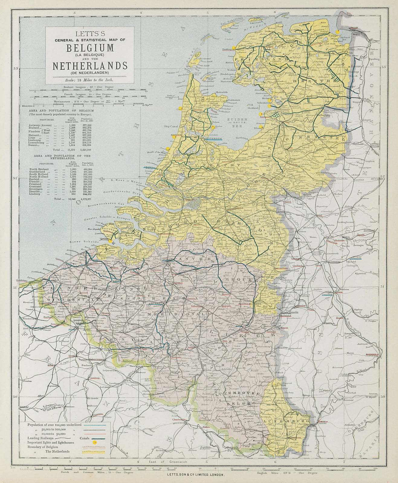 BENELUX. Netherland Belgium & Luxembourg. Lighthouses canals. LETTS 1884 map