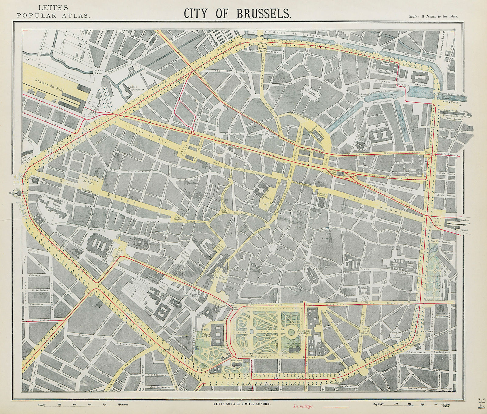 Associate Product BRUSSELS BRUXELLES BRUSSEL antique town city map plan. Tramways. LETTS 1884