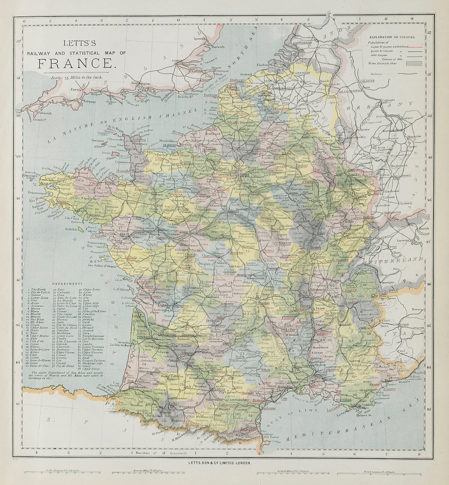 FRANCE showing wine-growing regions shaded grey. LETTS 1884 old antique map