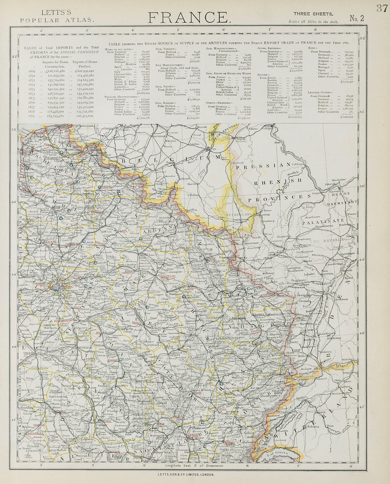 NE FRANCE w/o Alsace Lorraine. Champagne Picardy Burgundy Nord.LETTS 1884 map