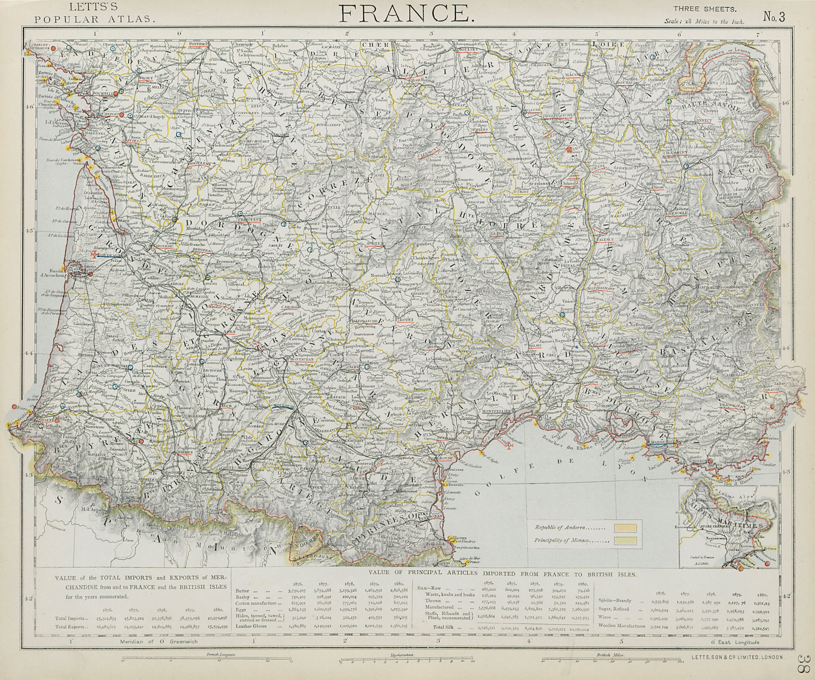 Associate Product FRANCE SOUTH. Lighthouses. UK-French trade 1876-1880. LETTS 1884 old map