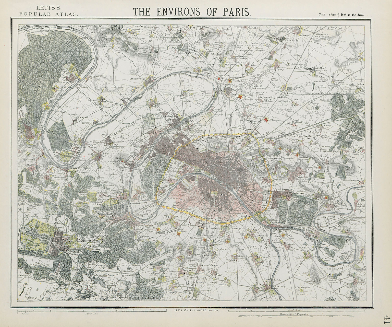 Associate Product PARIS ENVIRONS. Fortifications. Railways. Versailles. LETTS 1884 old map