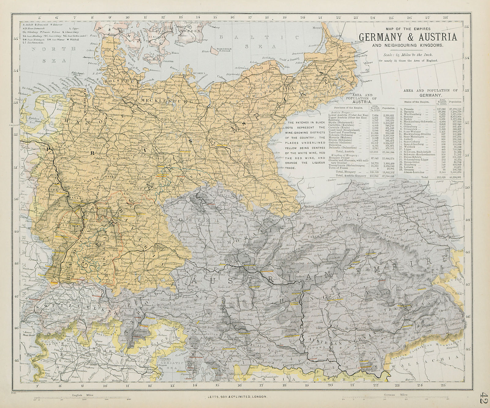 GERMANY & AUSTRIA-HUNGARY wine growing regions in grey. LETTS 1884 old map