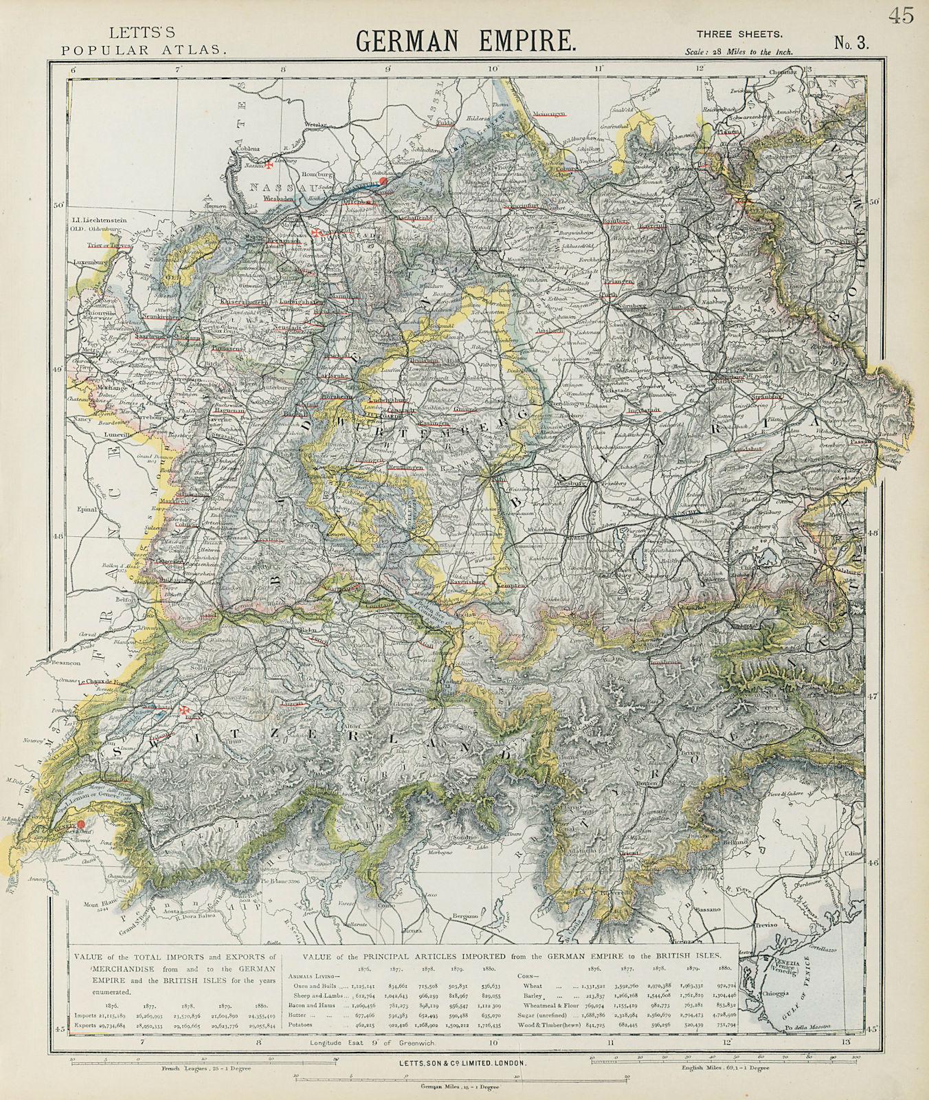 SOUTH GERMANY SWITZERLAND AUSTRIA Baden Württemberg Bavaria Tyrol 1884 old map