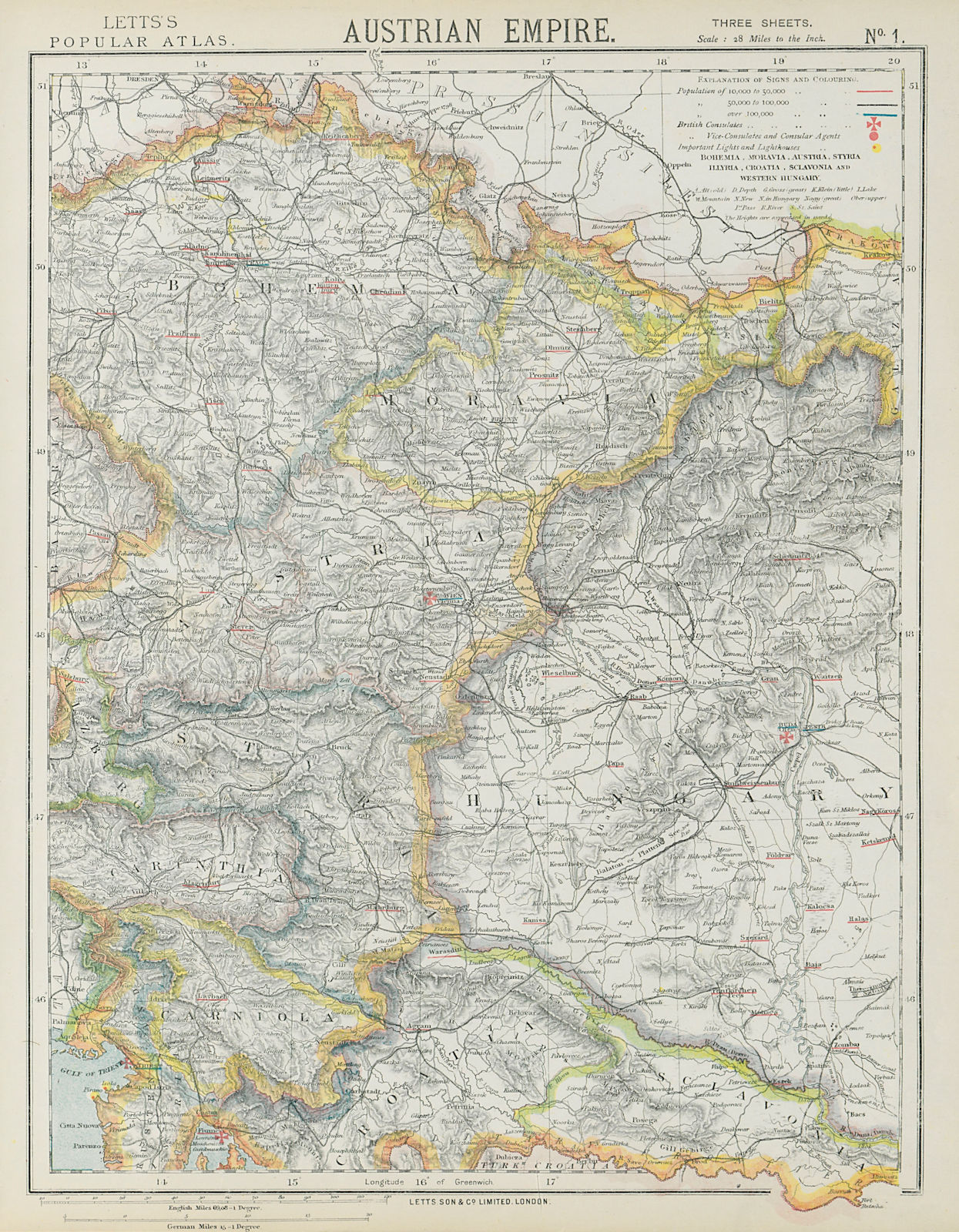 AUSTRIAN EMPIRE. Bohemia Moravia Styria Illyria Croatia Hungary. LETTS 1884 map