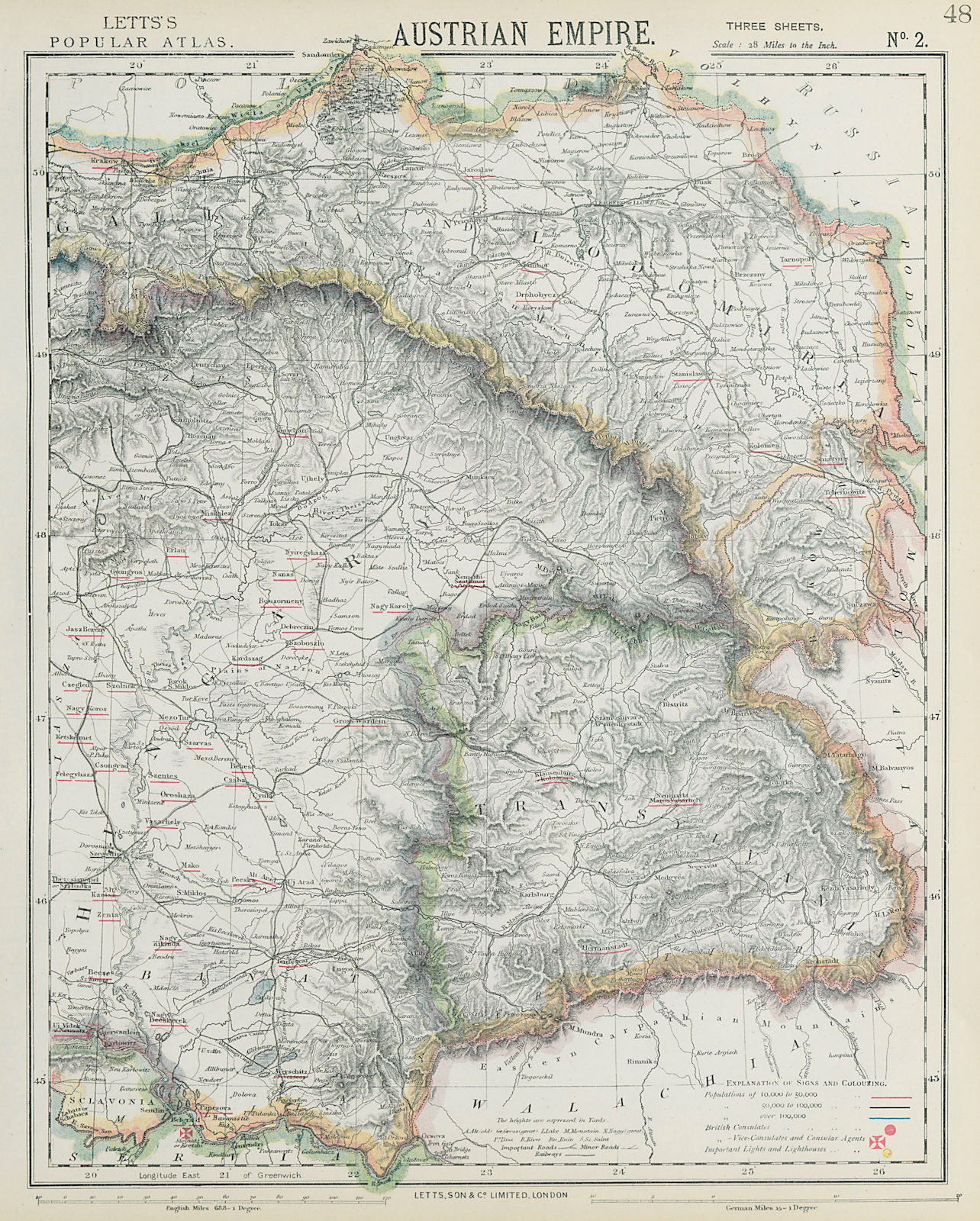 AUSTRIAN EMPIRE Galizia Eastern Hungary Transylvania Galicia. LETTS 1884 map