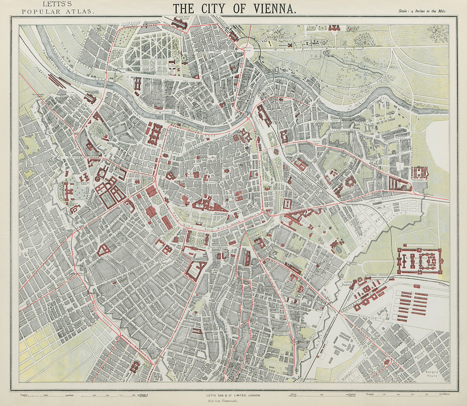 VIENNA WIEN antique town city map plan. Tramways in red. LETTS 1884 old
