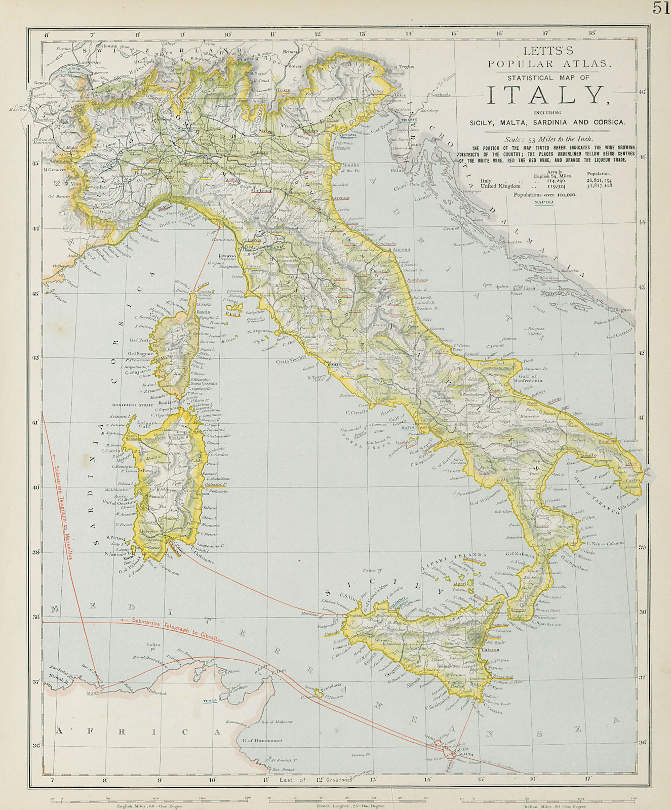 ITALY with red & white wine & liqueur growing districts in green. LETTS 1884 map