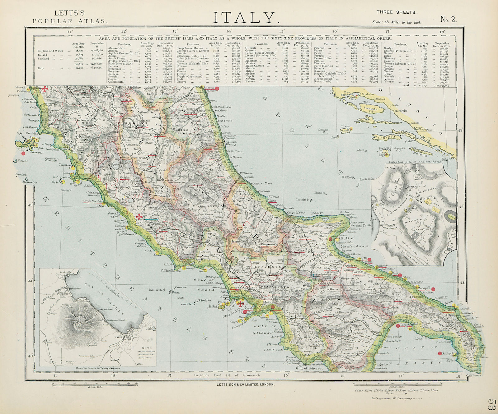CENTRAL ITALY. Campania Umbria. British consulates Lighthouses. LETTS 1884 map