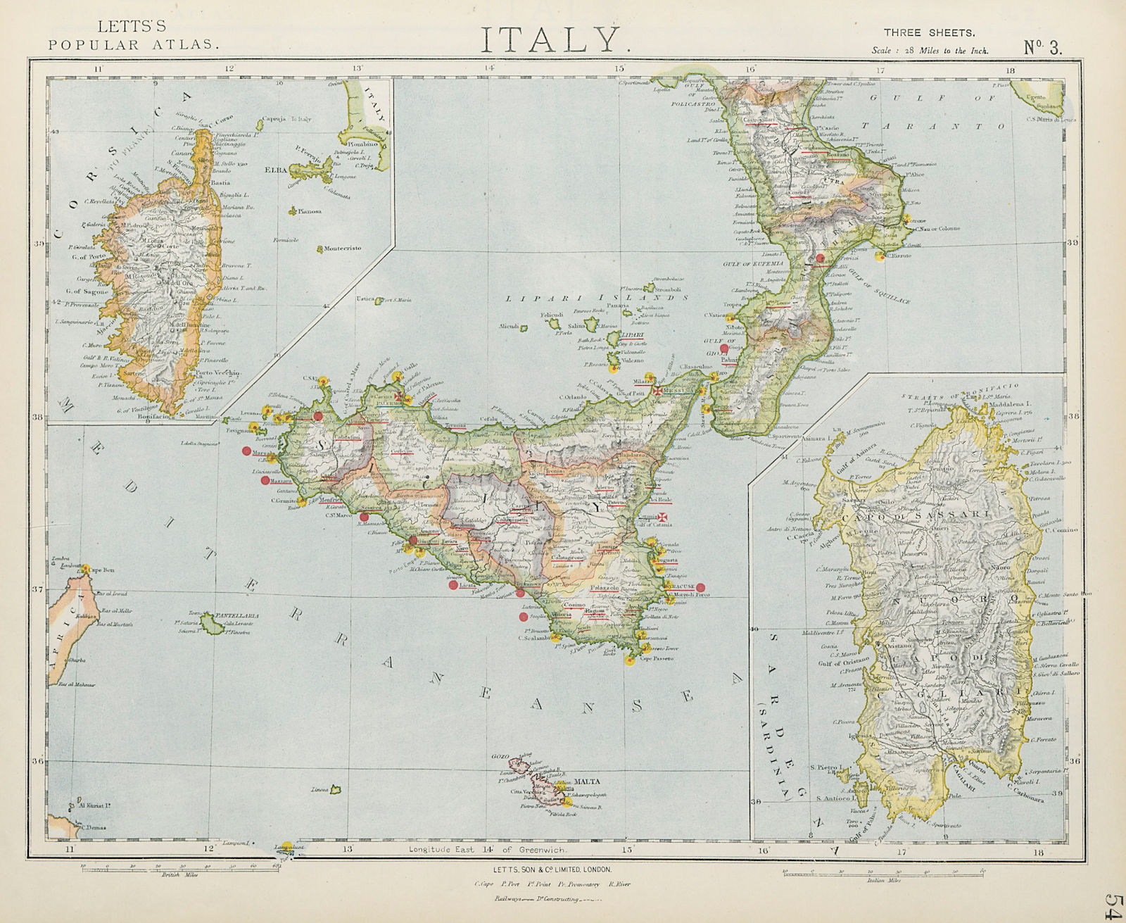 SICILY CALABRIA CORSICA SARDINIA. British Consuls. Lighthouses. LETTS 1884 map