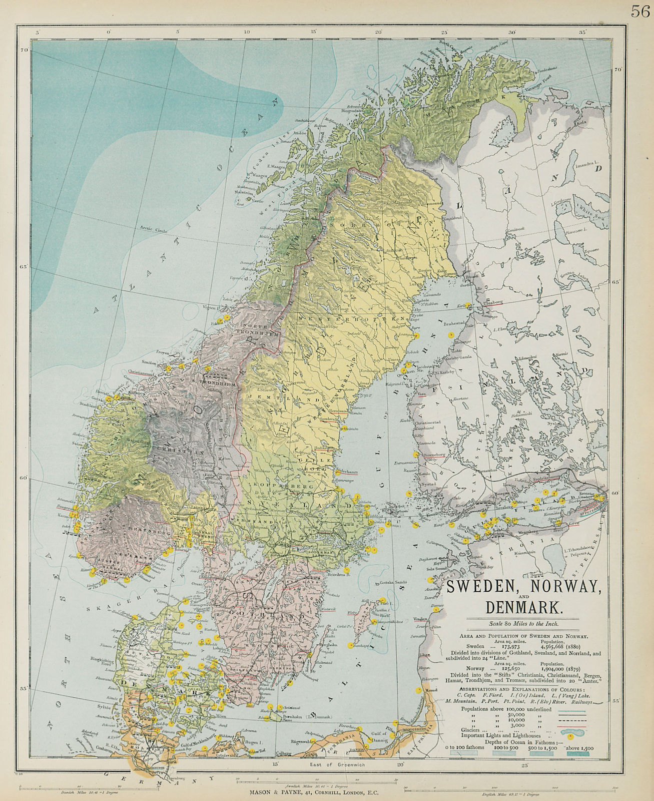 SCANDINAVIA Sweden Norway Denmark Baltic. Lighthouses. Glaciers. LETTS 1884 map