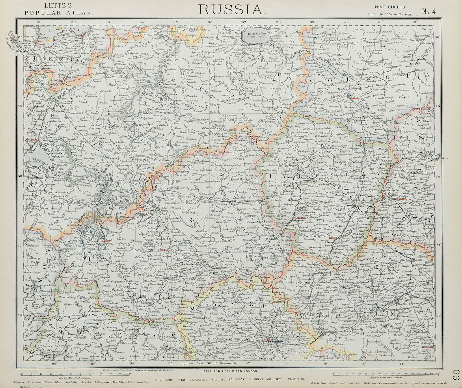 RUSSIA Moscow-St Petersburg. Novgorod Smolensk Vologda Iarolslav LETTS 1884 map