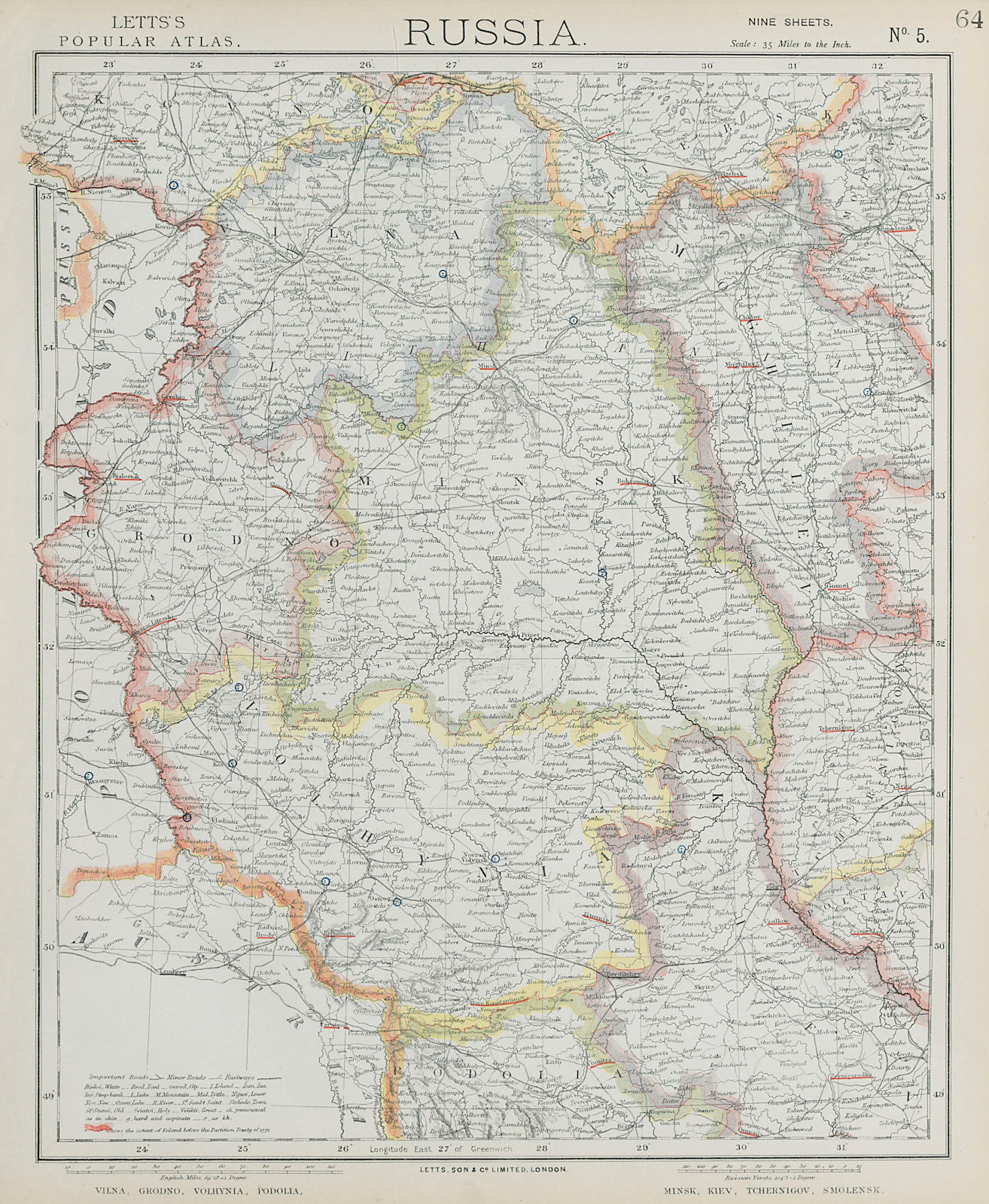 EAST EUROPE Vilnius Belarus Lithuania Grodno Podolia Minsk Kiev LETTS 1884 map