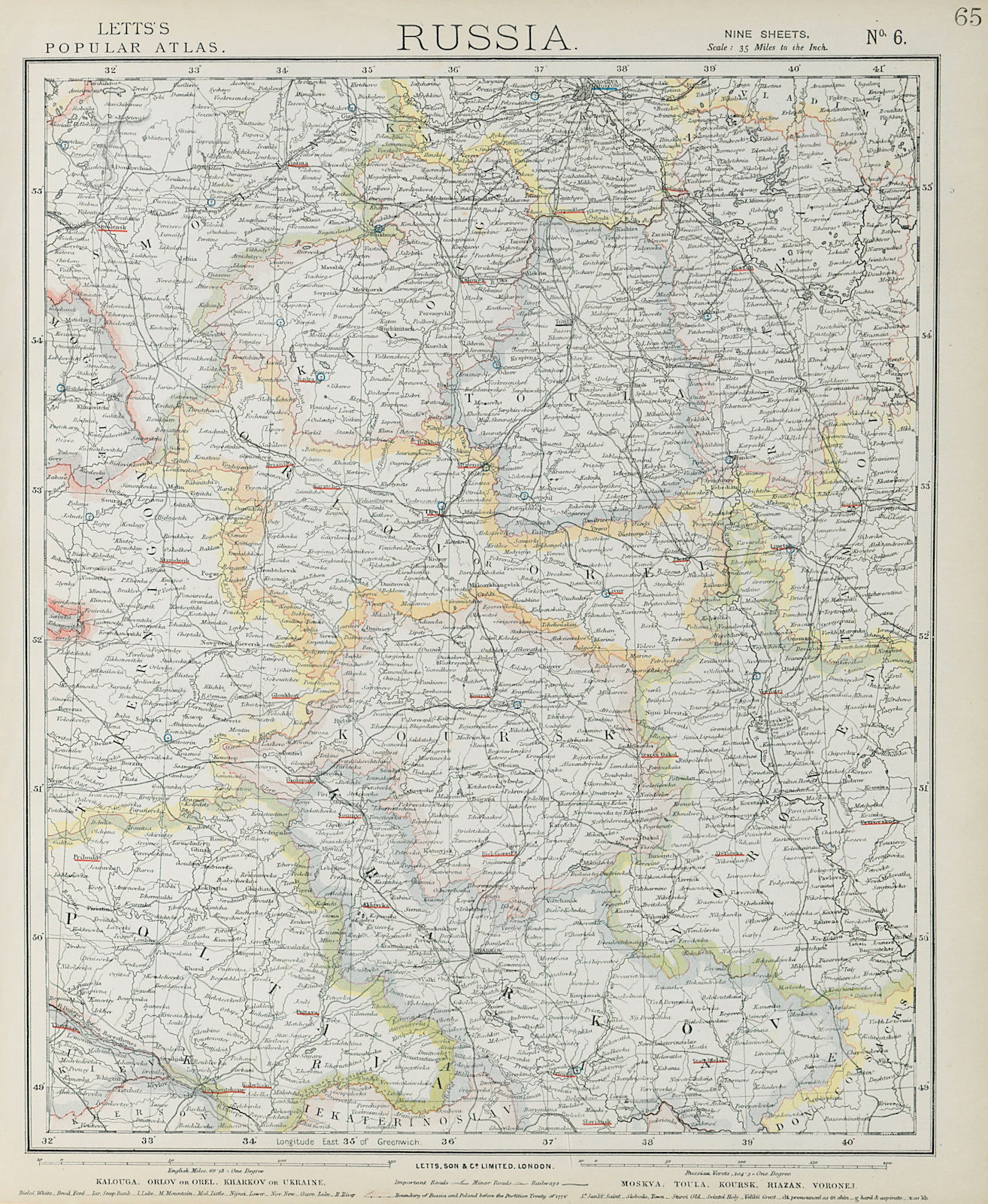 RUSSIA Kalouga Kharkov Ukraine Moscow Toula Kursk Riazan Voronej. LETTS 1884 map