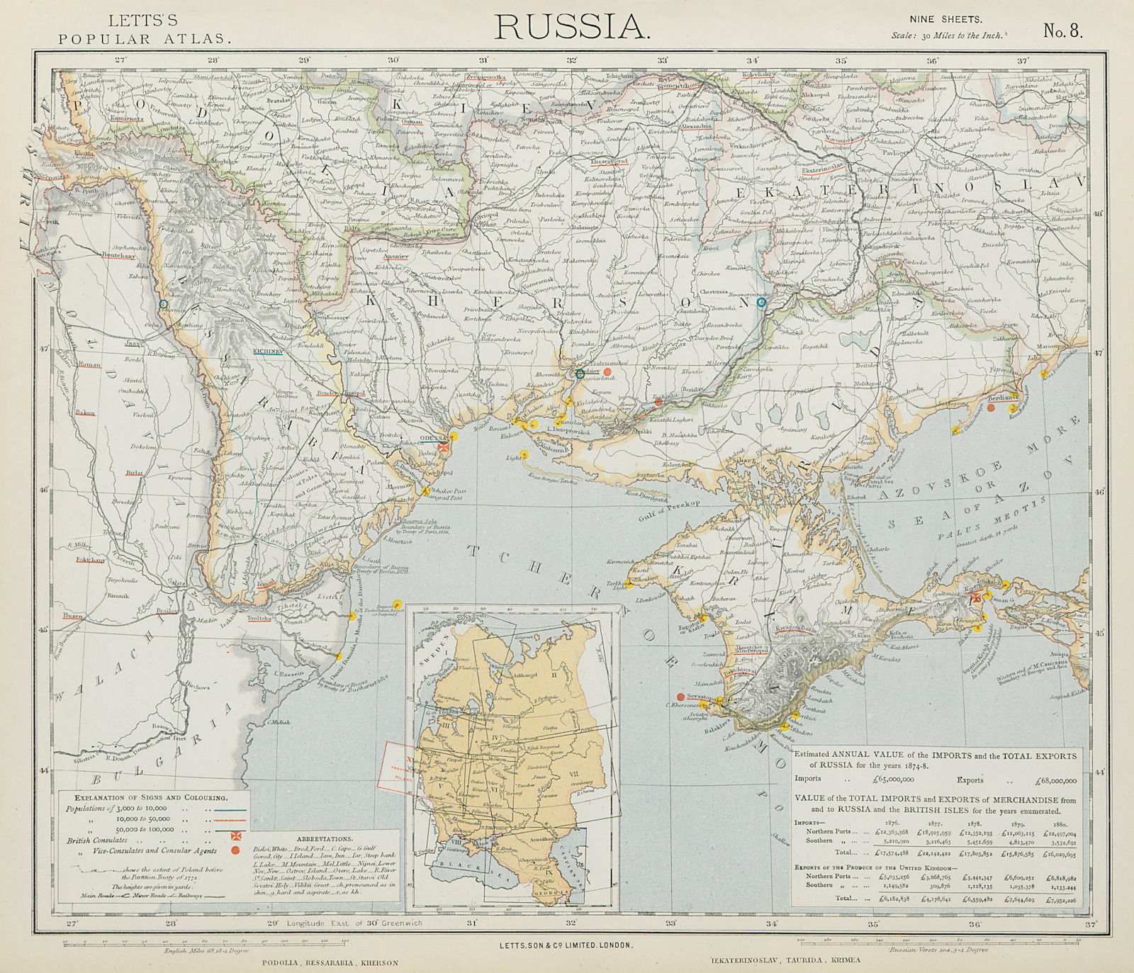 UKRAINE MOLDOVA. Podolia Bessarabia Kherson Taurida Crimea Kiev. LETTS 1884 map