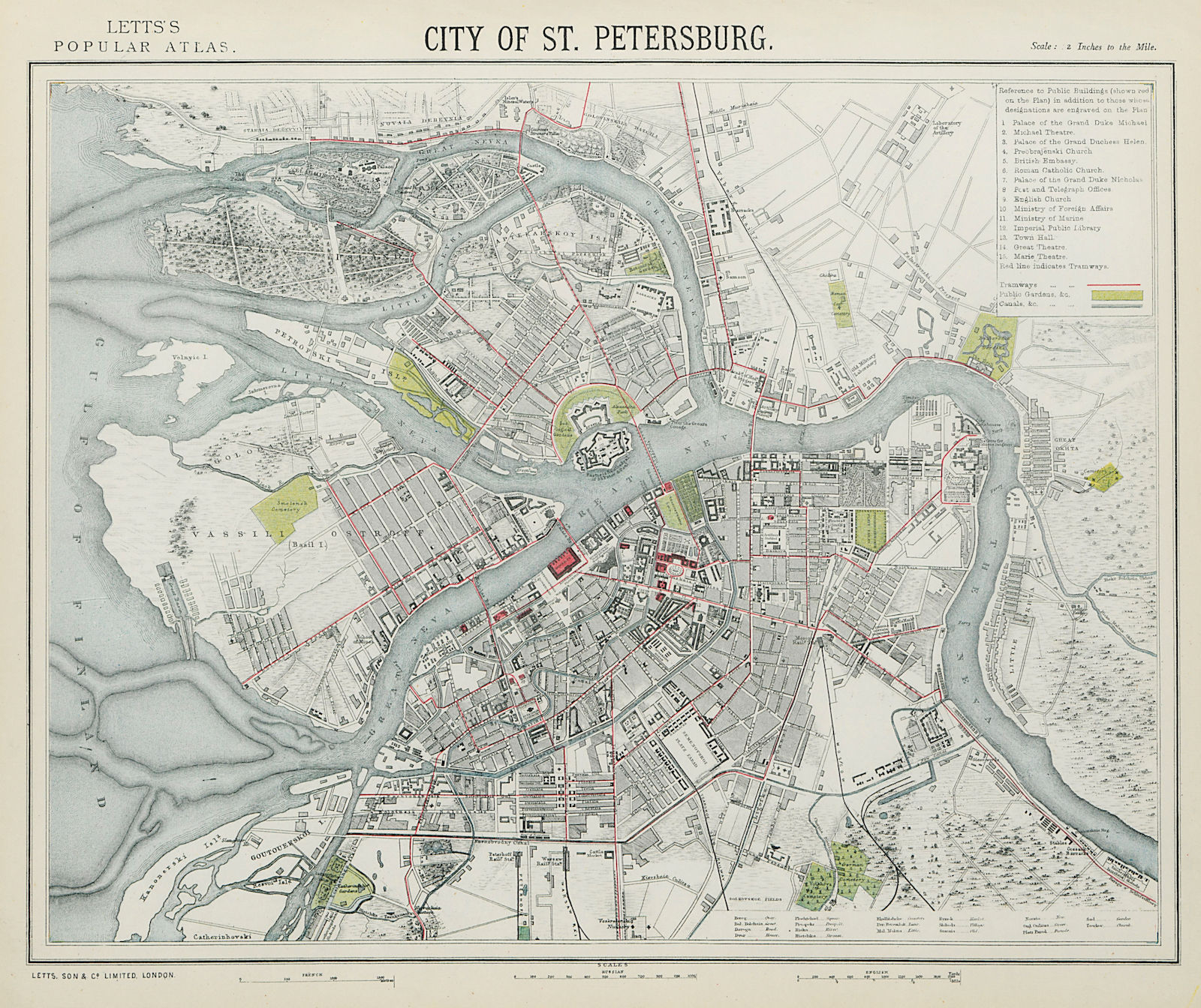 SAINT PETERSBURG antique town city map plan. Tramways. LETTS 1884 old