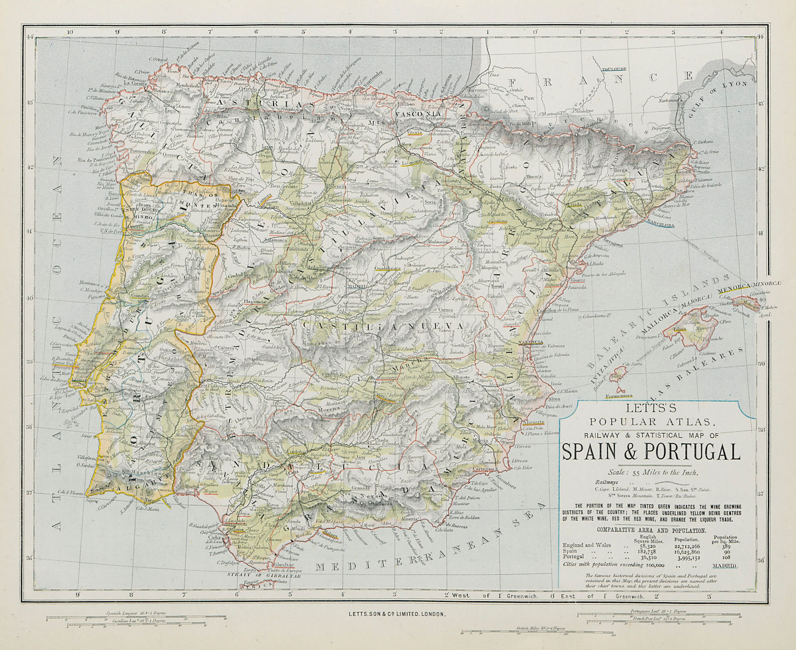 Associate Product SPAIN & PORTUGAL. Red & white white & liqueur regions in green. LETTS 1884 map