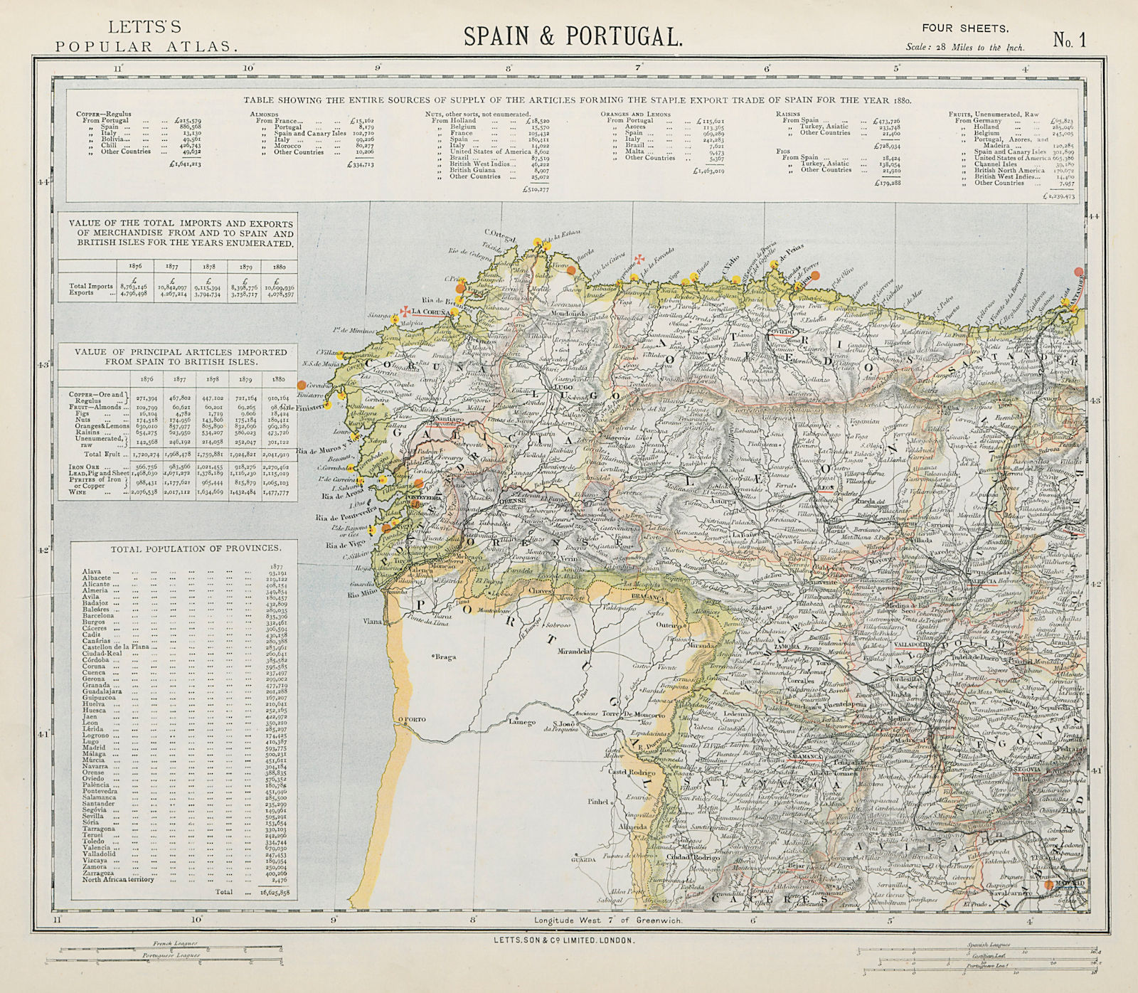 NORTHWEST SPAIN Railways & lighthouses. Galicia Leon Asturias. LETTS 1884 map