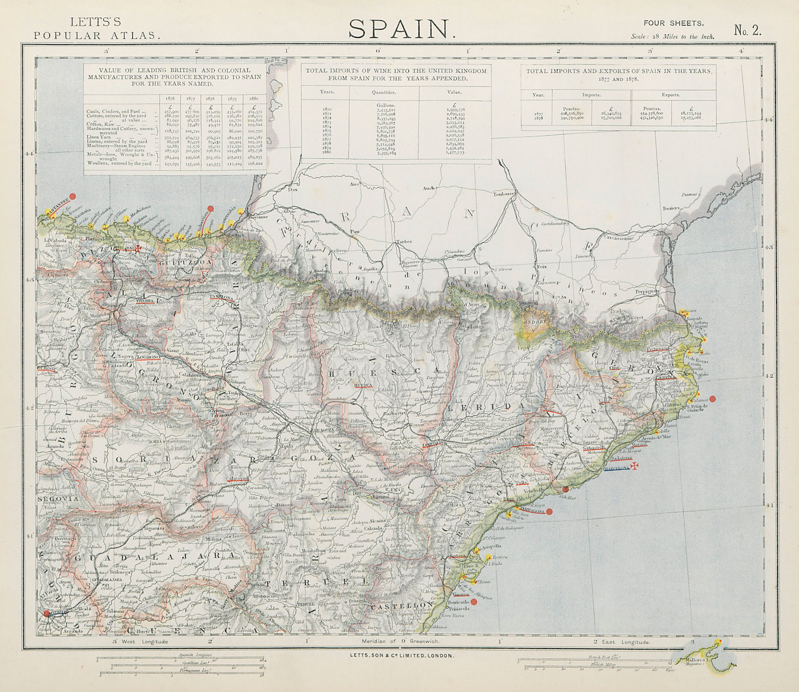 Associate Product SPAIN NORTH EAST. Catalonia Aragon Navarra. Railways Lighthouses. LETTS 1884 map