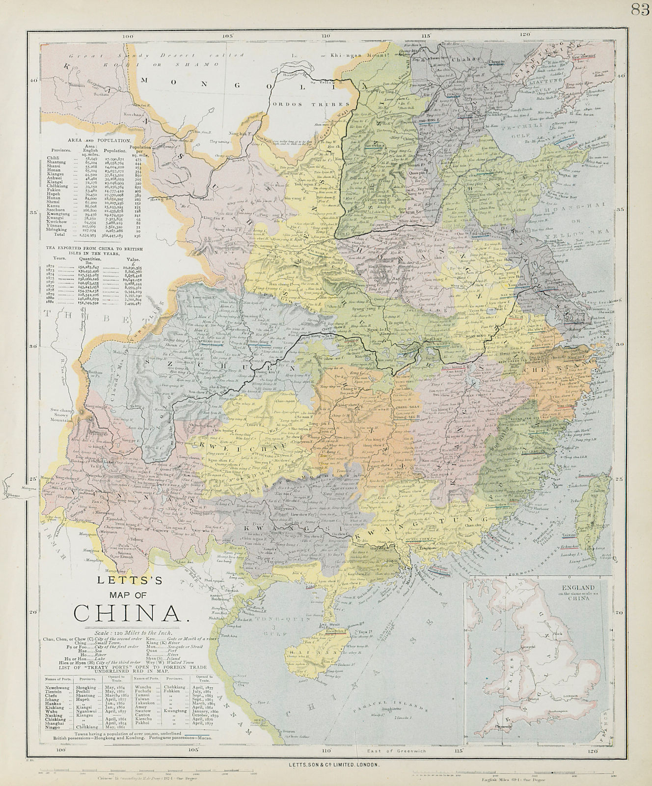 CHINA. Provinces & treaty ports. Tea growing districts shaded red LETTS 1884 map