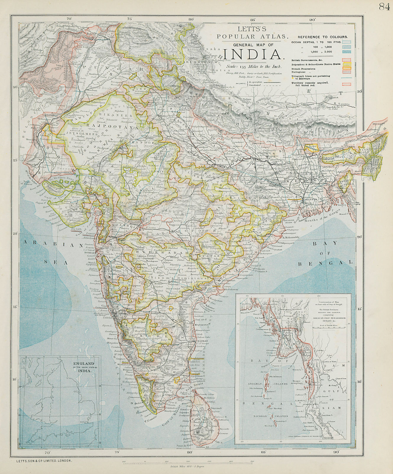 Associate Product BRITISH INDIA French Portuguese Native states Railways telegraphs LETTS 1884 map