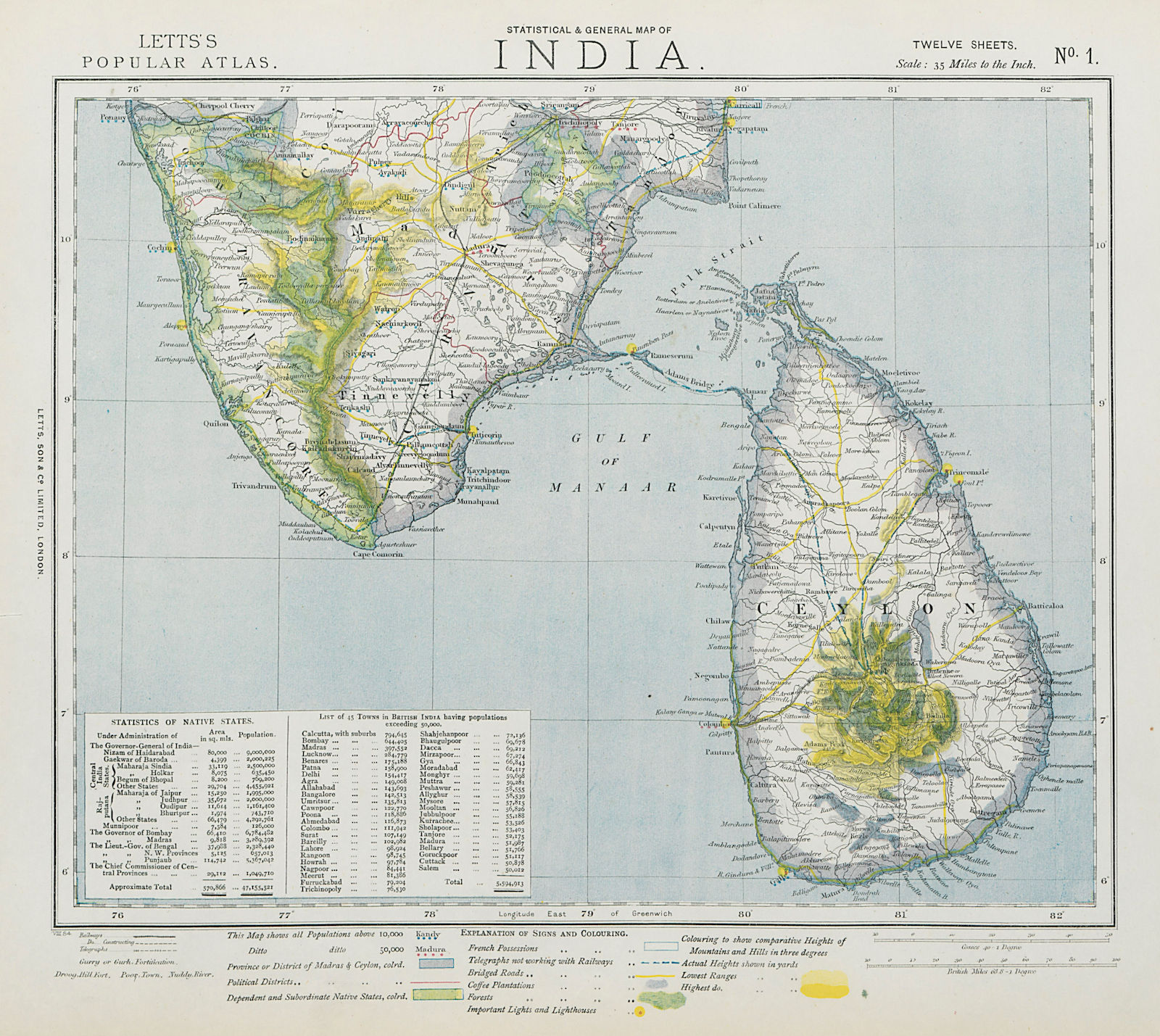 SOUTH BRITISH INDIA CEYLON SRI LANKA Kerala Coffee plantations. LETTS 1884 map