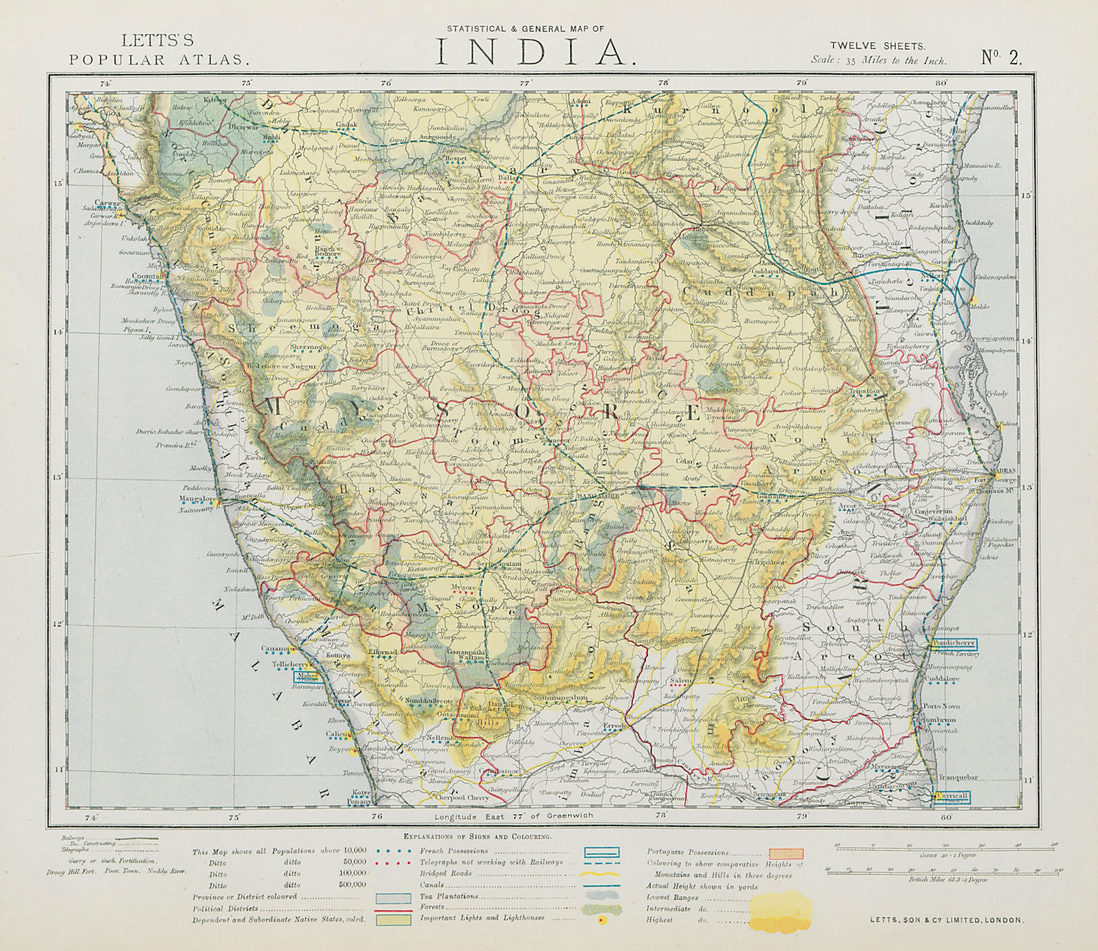 BRITISH INDIA SOUTH. Mysore Carnatic Madras. Tea plantations. LETTS 1884 map