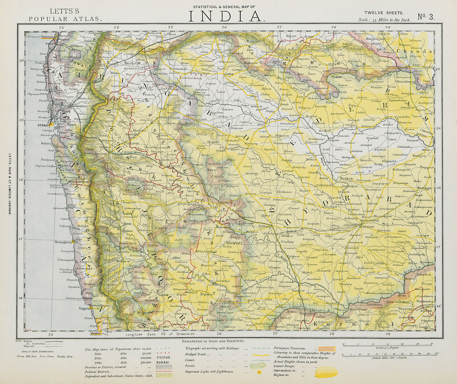 WESTERN BRITISH INDIA Maharashtra Bombay Mumbai Pune Goa Railways LETTS 1884 map